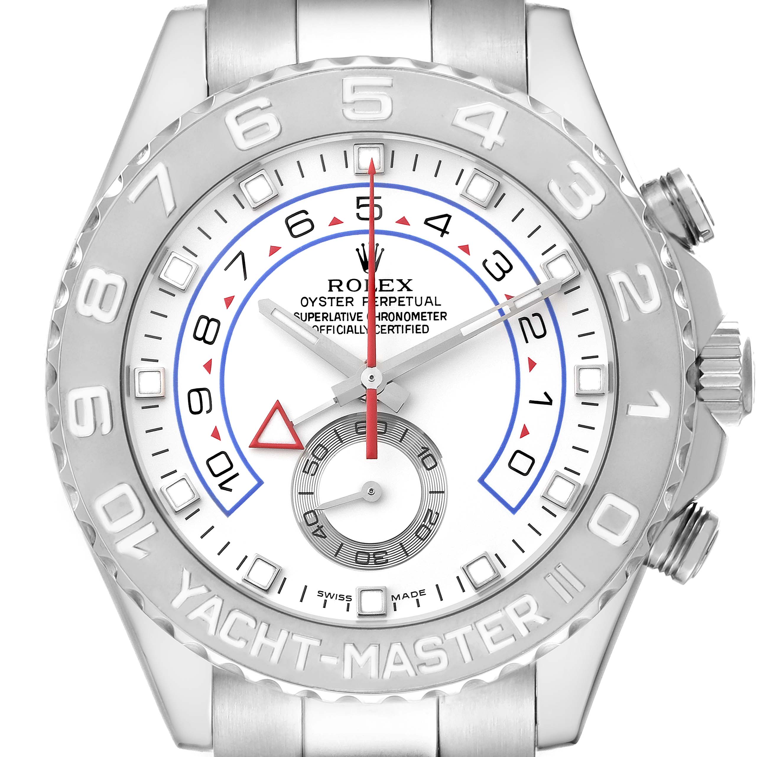 This image shows a front view of the Rolex Yacht-Master 116689 Men's White Gold White Dial 116689 Men's White Gold White Dial watch, highlighting its face, bezel, and crown.