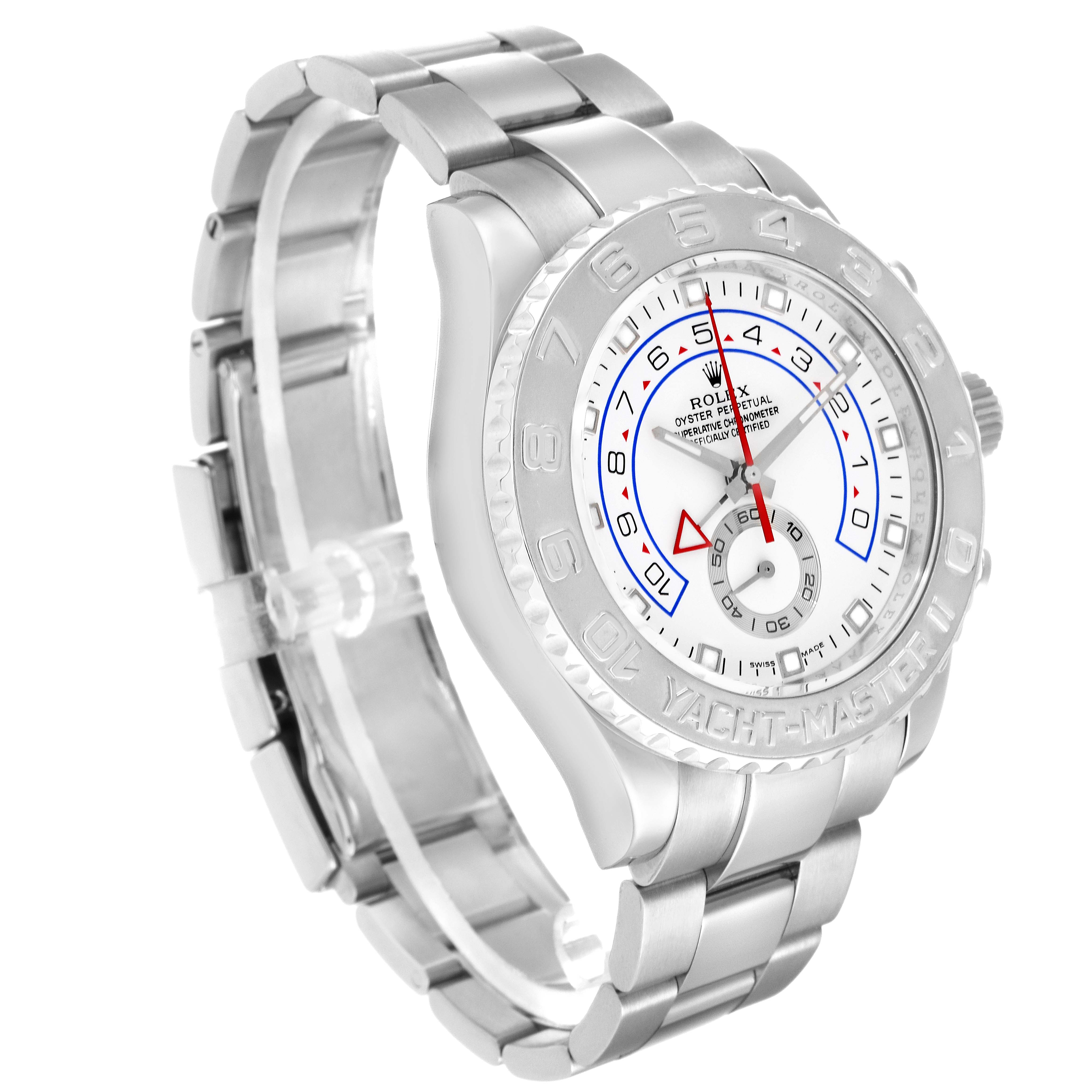 The image shows a side-angle view of the Rolex Yacht-Master 116689 Men's White Gold White Dial 116689 Men's White Gold White Dial watch, highlighting the band, bezel, and face.