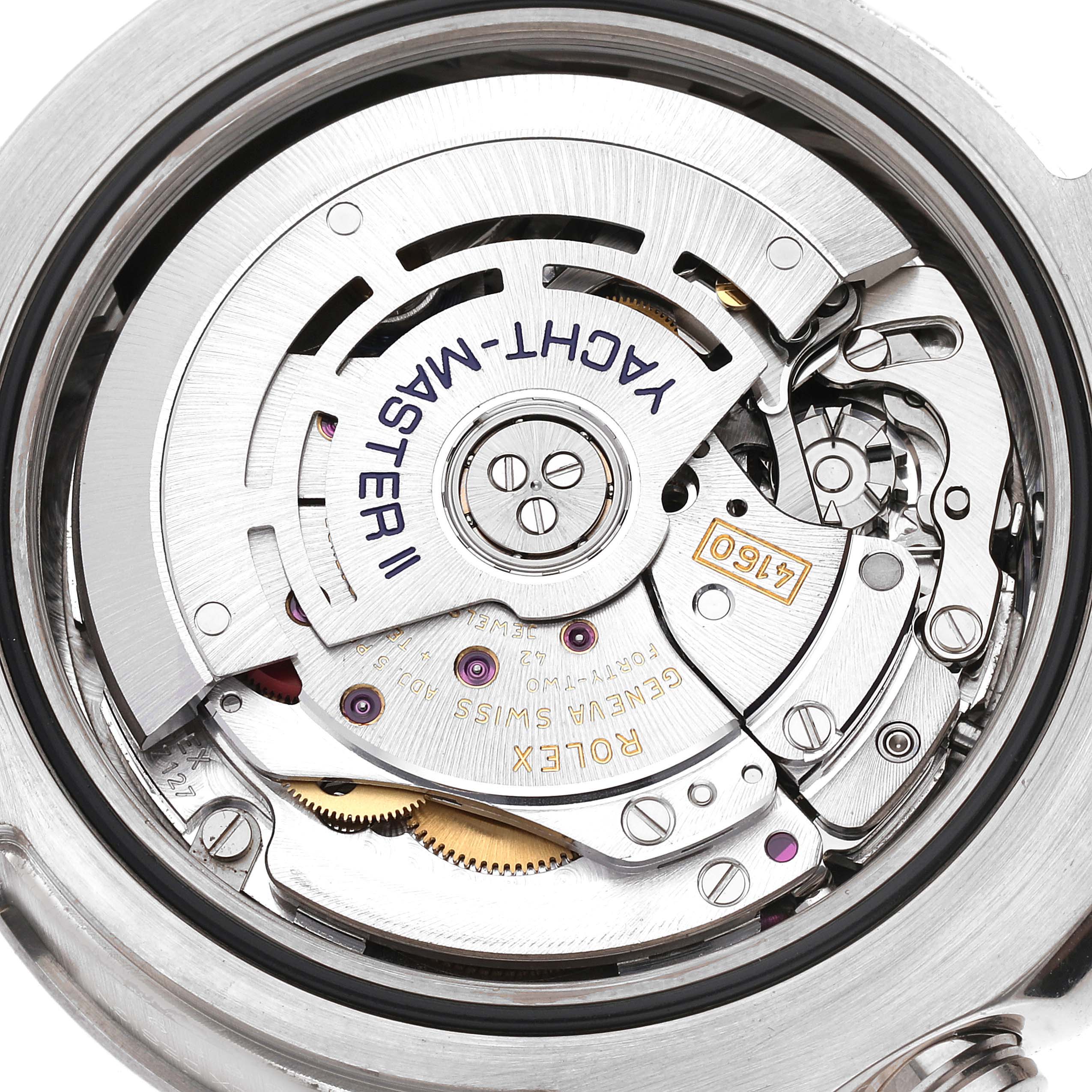This image shows the movement mechanism of a Rolex Yacht-Master 116689 Men's White Gold White Dial 116689 Men's White Gold White Dial II watch from a close-up, internal view.