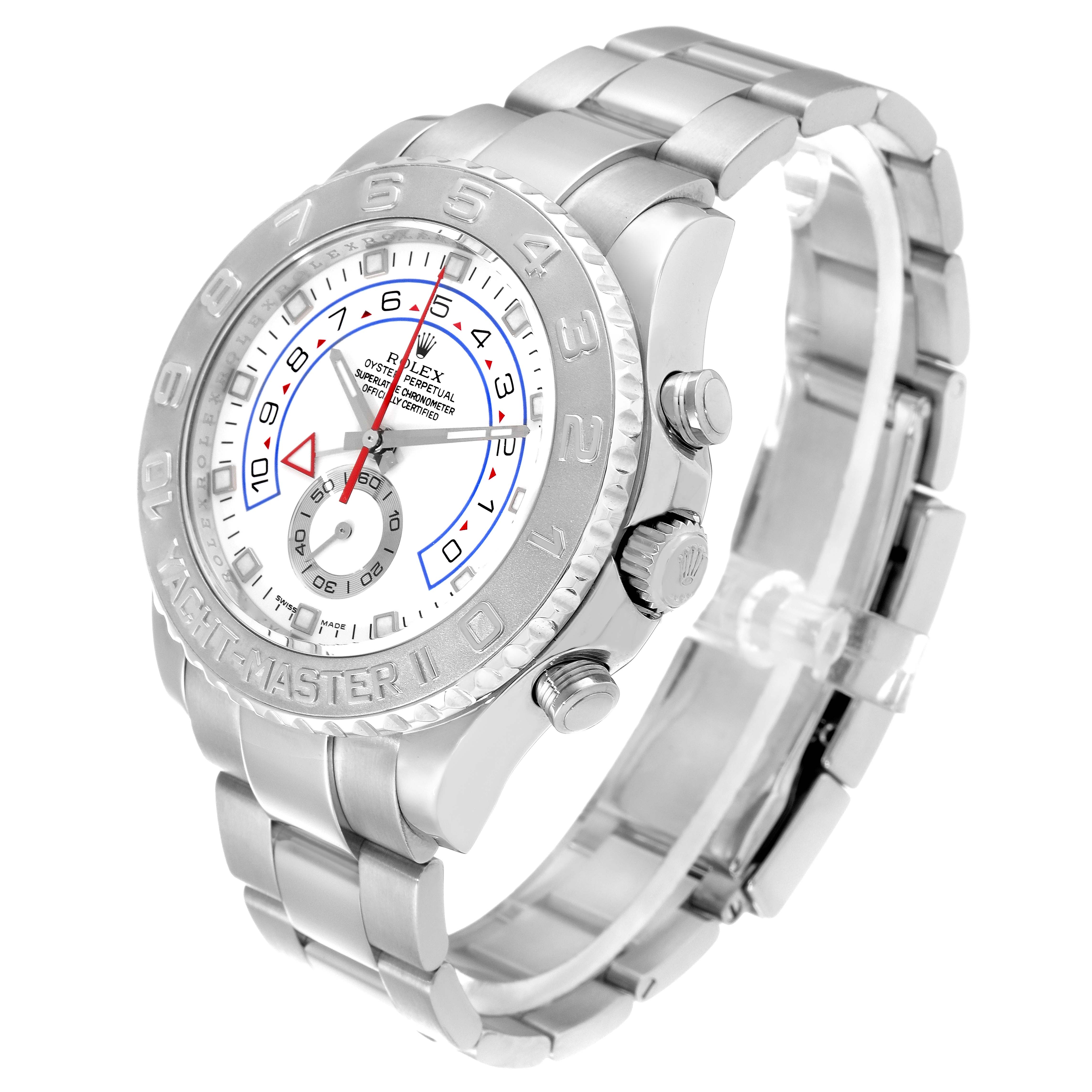 The Rolex Yacht-Master 116689 Men's White Gold White Dial 116689 Men's White Gold White Dial watch is shown at a slight angle, displaying the face, bezel, and bracelet.