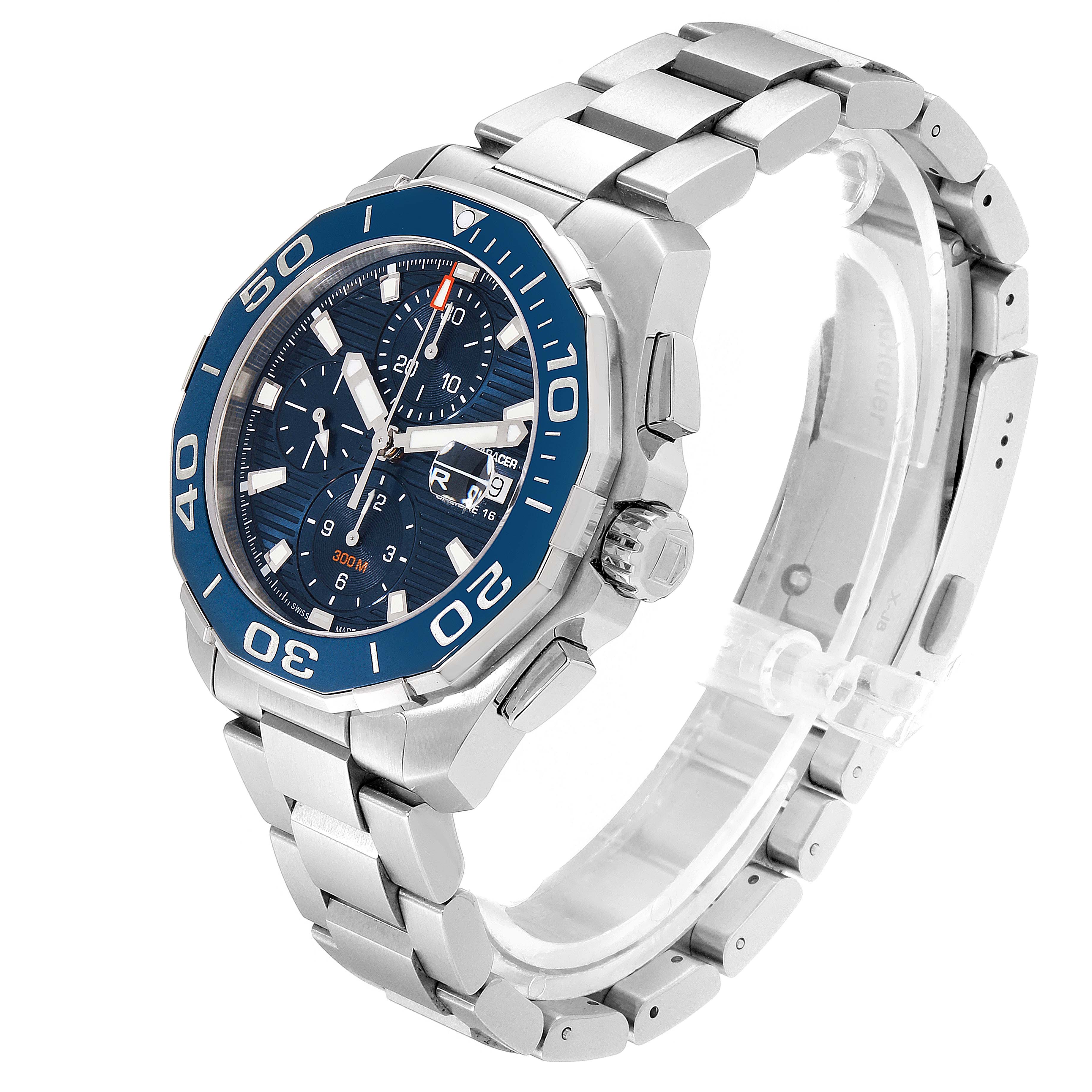 The image shows a side view of the Tag Heuer Aquaracer CAY211B.BA0927 Men's Stainless Steel Blue Dial CAY211B.BA0927 Men's Stainless Steel Blue Dial watch, displaying its blue bezel, crown, and metal bracelet.