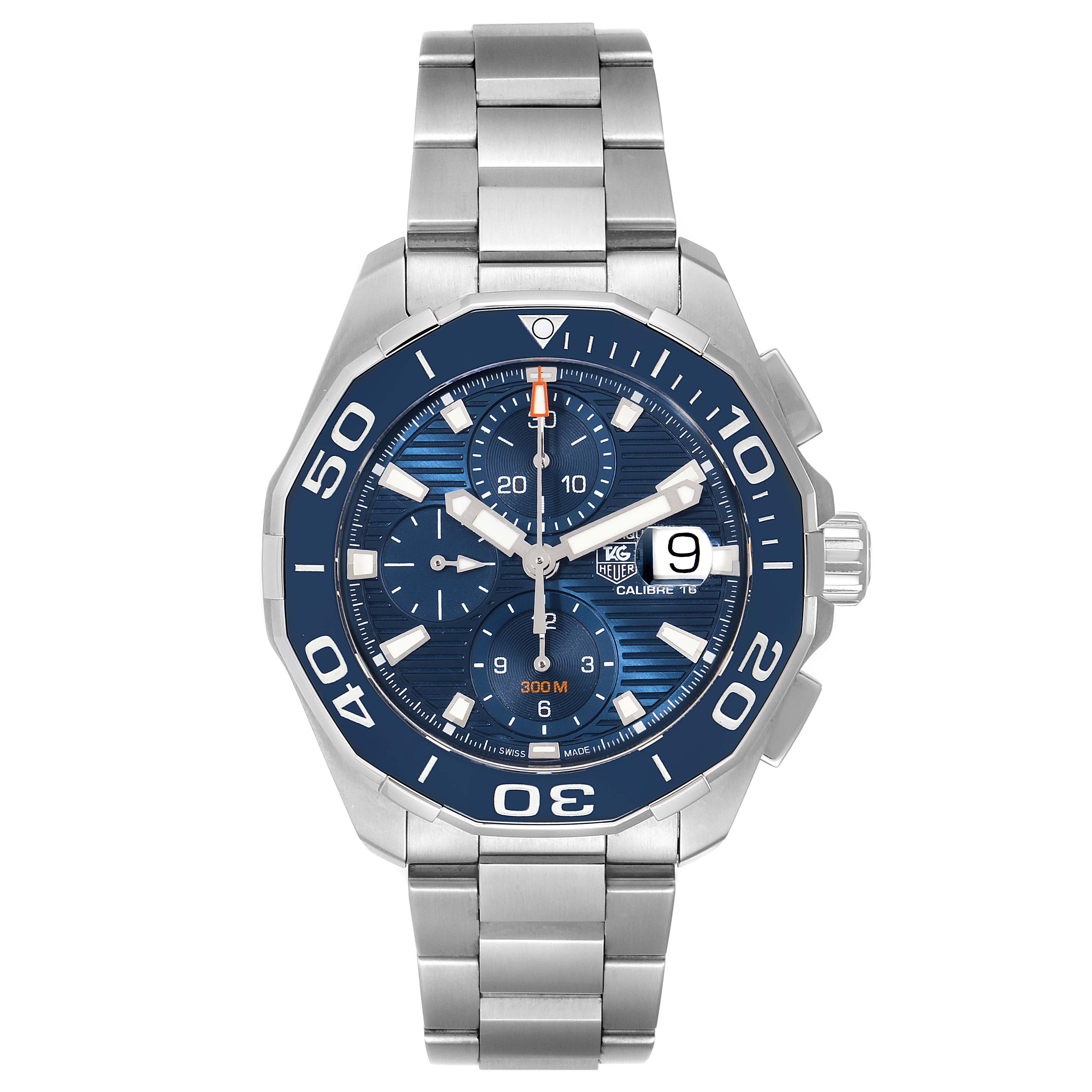 This image shows a front view of the Tag Heuer Aquaracer CAY211B.BA0927 Men's Stainless Steel Blue Dial CAY211B.BA0927 Men's Stainless Steel Blue Dial watch, highlighting its face, bezel, and bracelet.