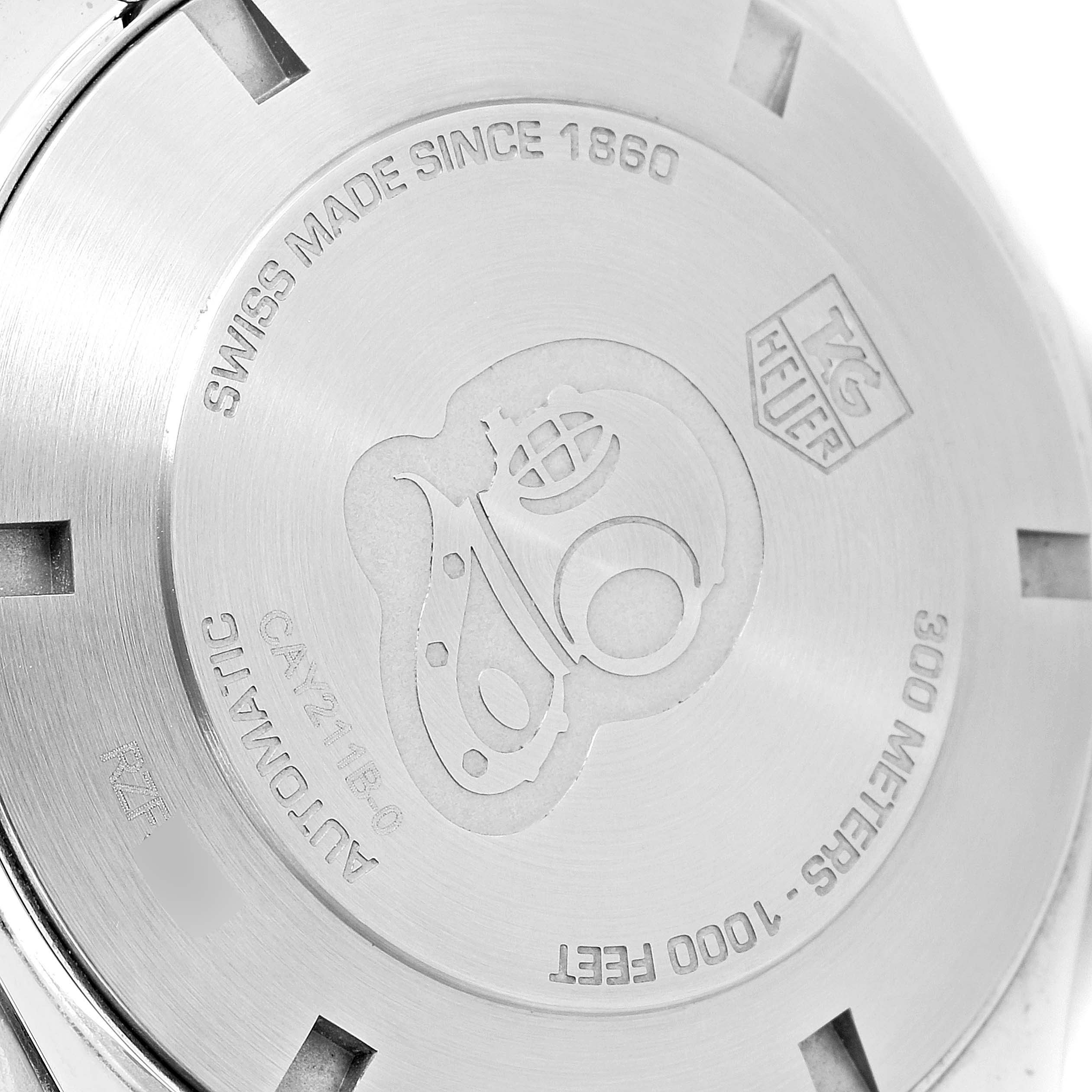 The image shows the back case of a Tag Heuer Aquaracer CAY211B.BA0927 Men's Stainless Steel Blue Dial CAY211B.BA0927 Men's Stainless Steel Blue Dial watch, highlighting engraved details and specifications.