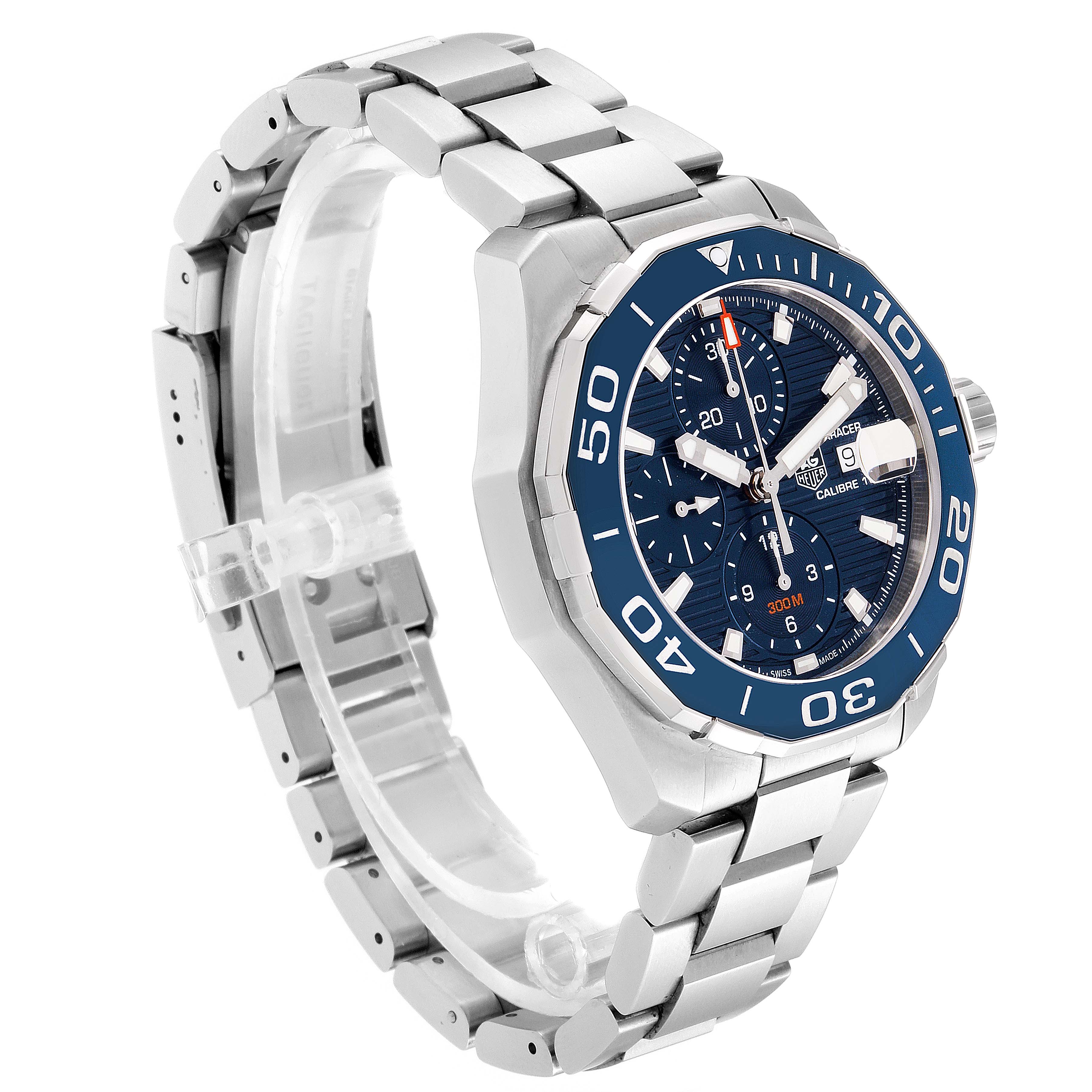 The Tag Heuer Aquaracer CAY211B.BA0927 Men's Stainless Steel Blue Dial CAY211B.BA0927 Men's Stainless Steel Blue Dial watch is shown from a front-left angled view, highlighting the dial, bezel, and stainless steel bracelet.