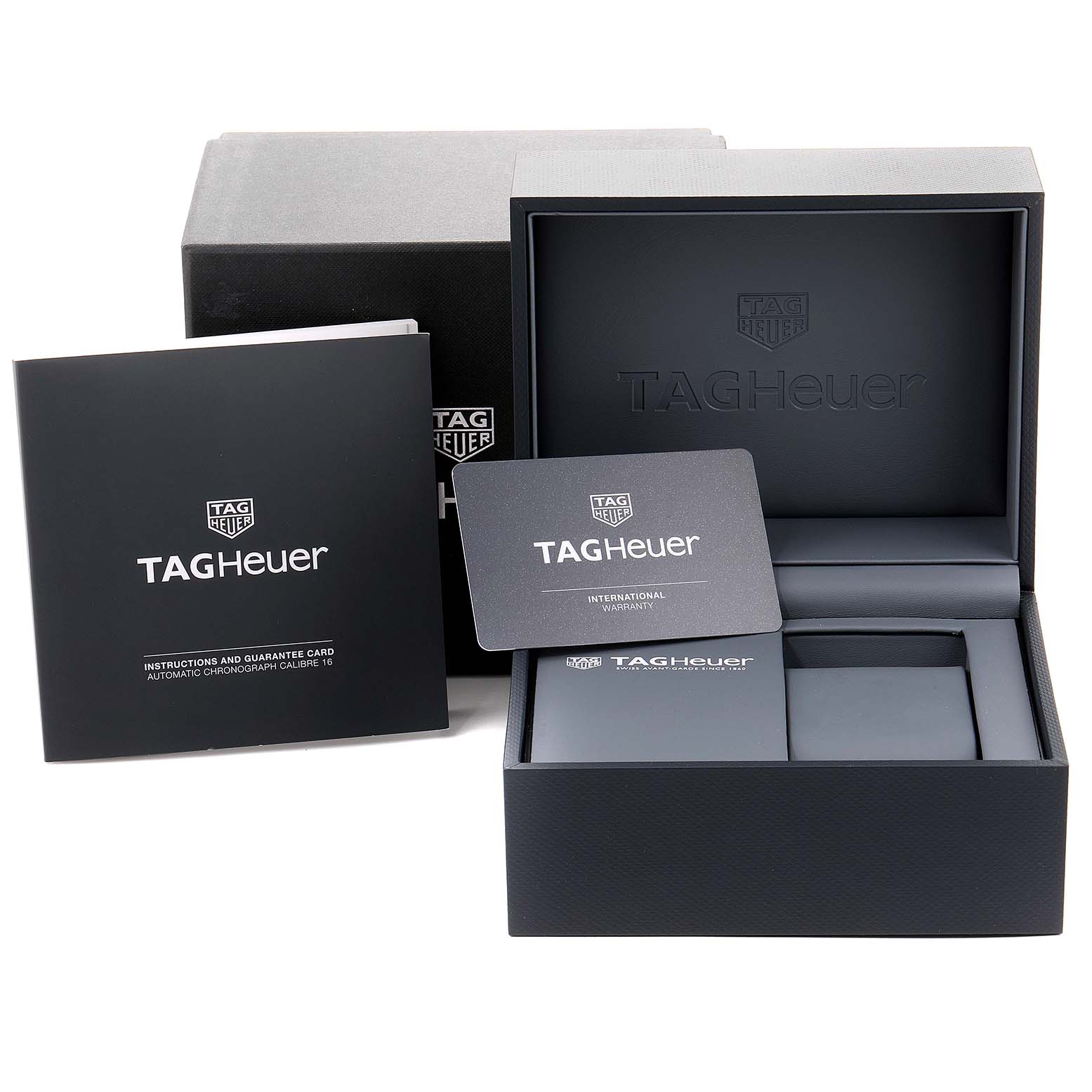 The image shows the packaging, manual, and warranty card for the Tag Heuer Aquaracer CAY211B.BA0927 Men's Stainless Steel Blue Dial CAY211B.BA0927 Men's Stainless Steel Blue Dial model.