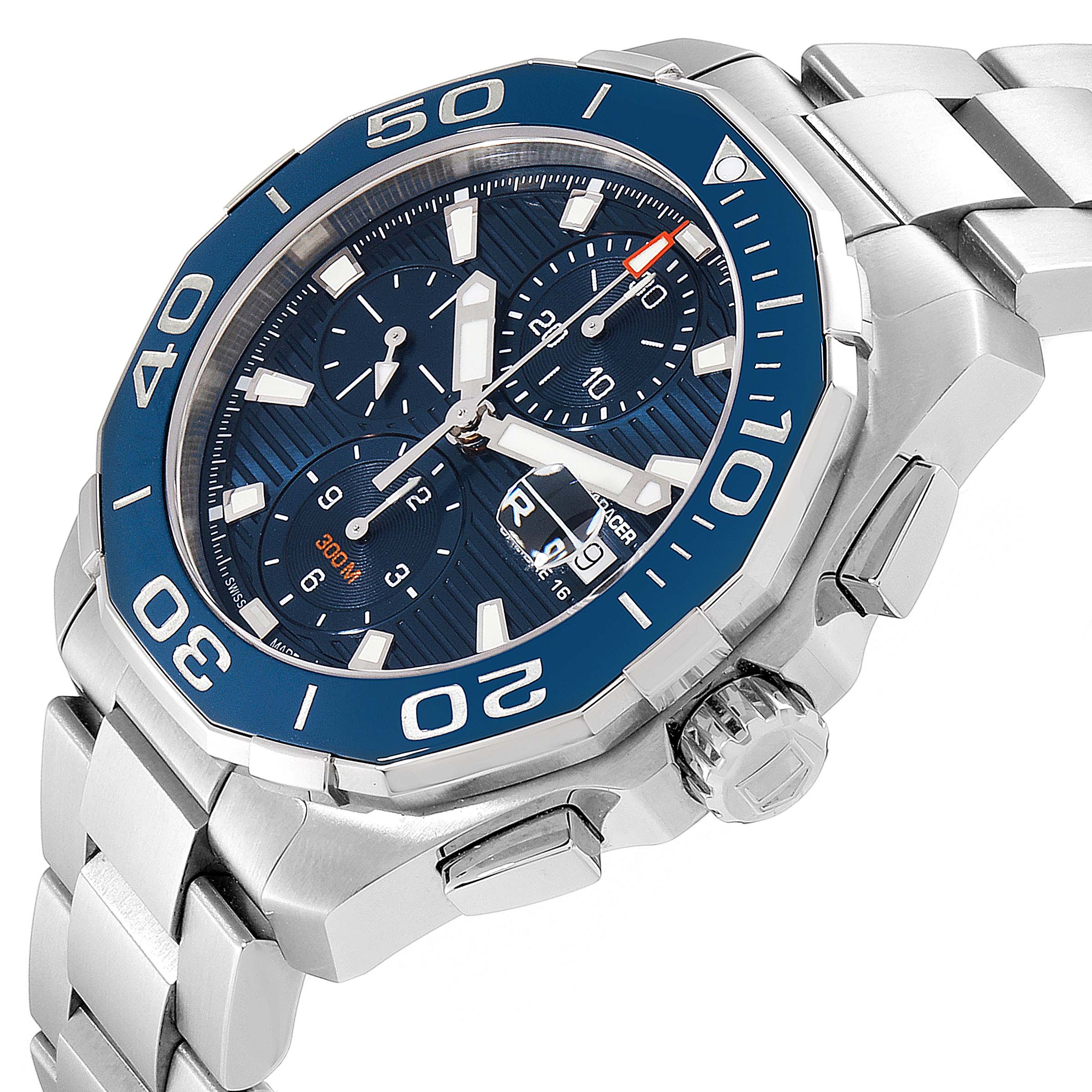 The image shows a Tag Heuer Aquaracer CAY211B.BA0927 Men's Stainless Steel Blue Dial CAY211B.BA0927 Men's Stainless Steel Blue Dial watch from an angled perspective, highlighting the bezel, dial, and stainless steel bracelet.