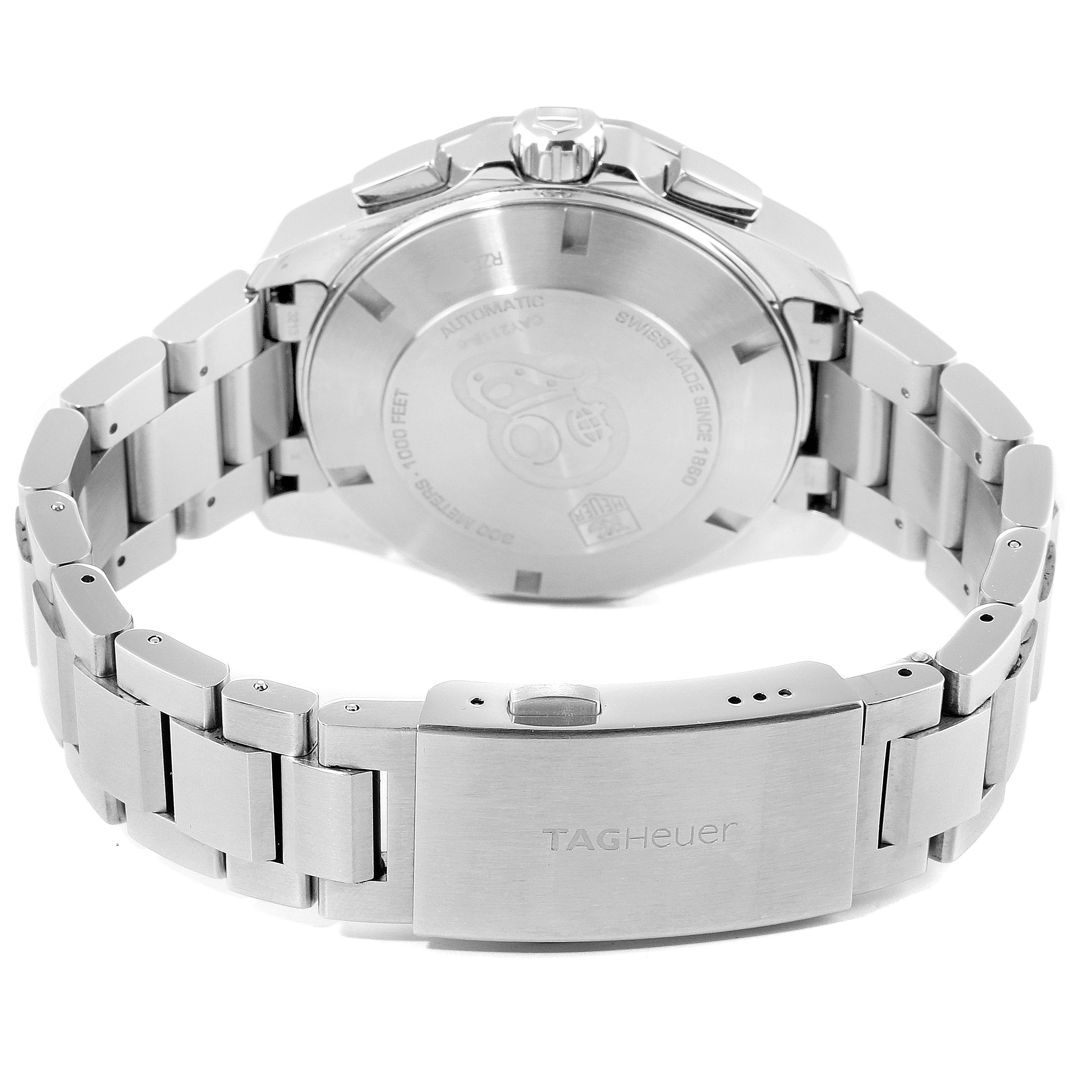 This image shows the back case and metal bracelet clasp of the Tag Heuer Aquaracer CAY211B.BA0927 Men's Stainless Steel Blue Dial CAY211B.BA0927 Men's Stainless Steel Blue Dial watch.