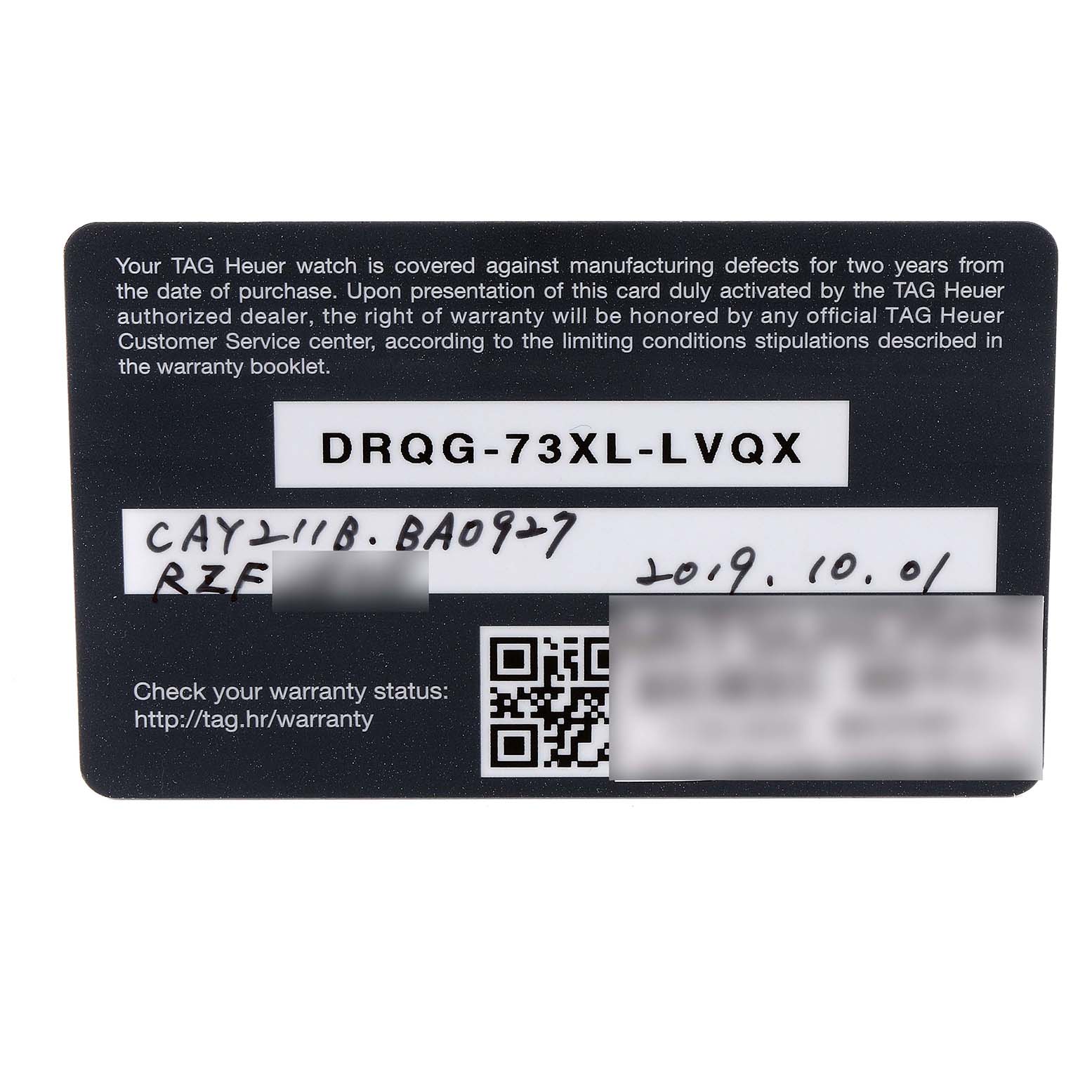 This image shows a Tag Heuer Aquaracer CAY211B.BA0927 Men's Stainless Steel Blue Dial CAY211B.BA0927 Men's Stainless Steel Blue Dial model warranty card from a front angle, displaying text, serial numbers, and a QR code.