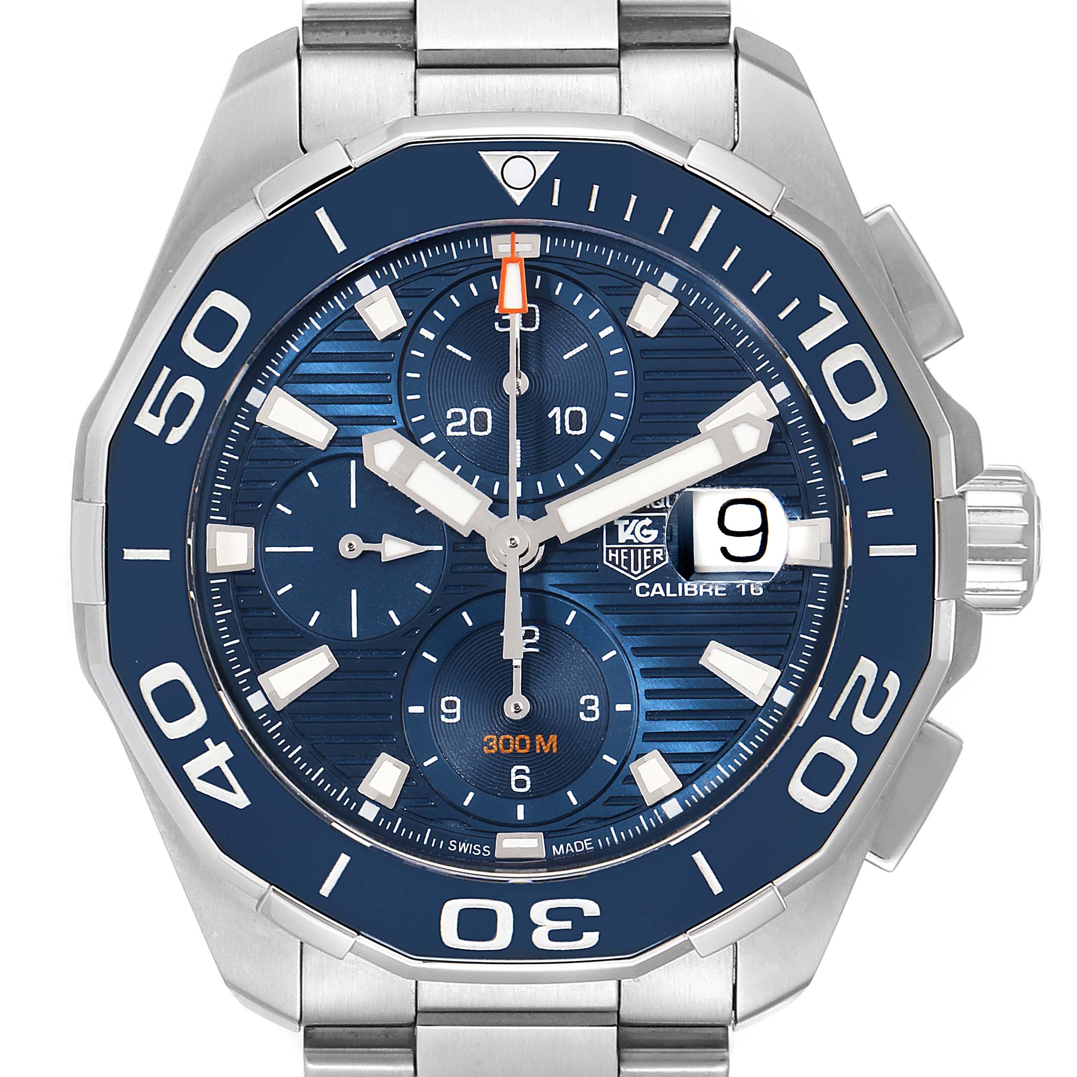 The image shows a front-facing view of the Tag Heuer Aquaracer CAY211B.BA0927 Men's Stainless Steel Blue Dial CAY211B.BA0927 Men's Stainless Steel Blue Dial watch displaying its dial, bezel, and bracelet.
