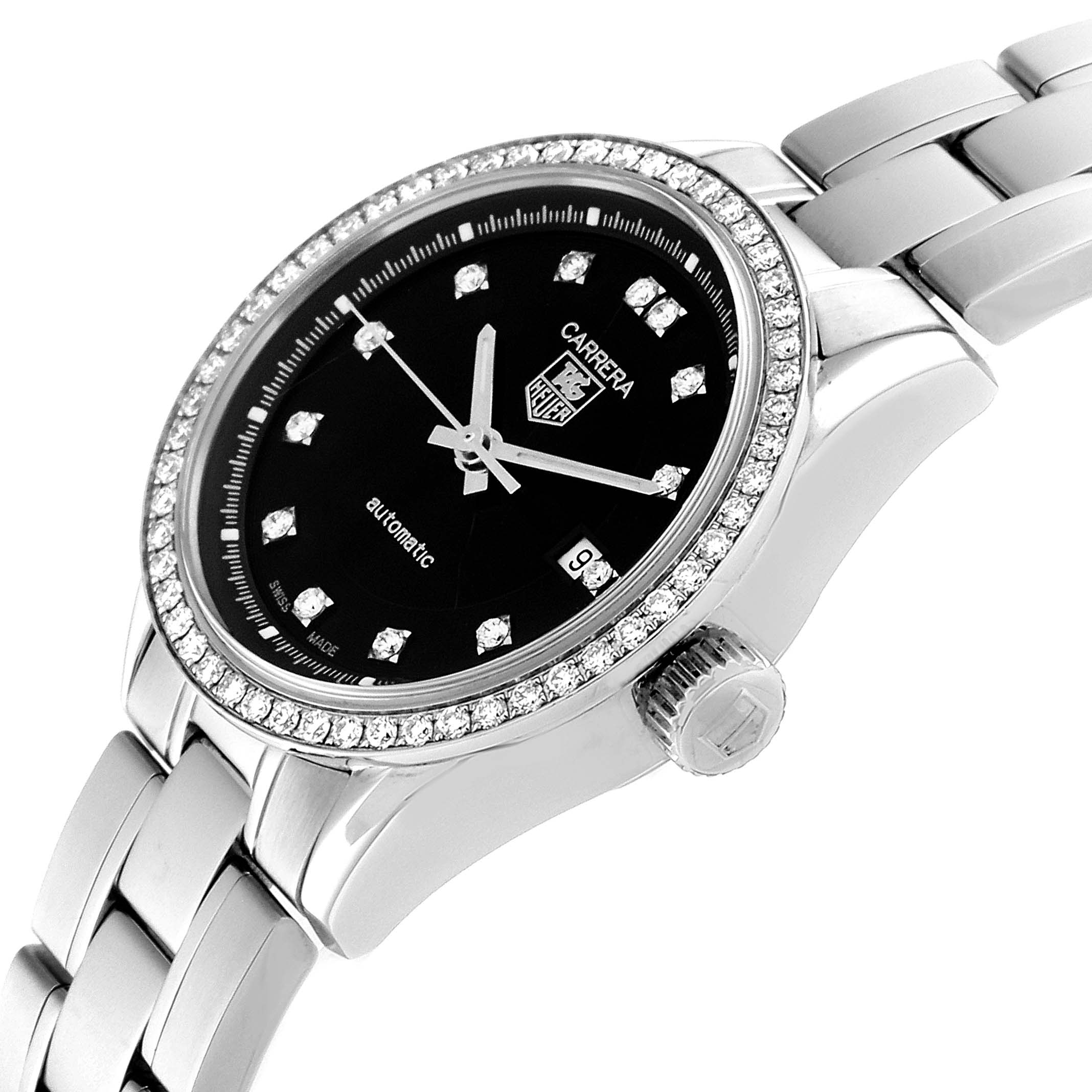 The image shows an angled view of the Tag Heuer Carrera WV2412.BA0793 Women
s Stainless Steel Black Dial WV2412.BA0793 Women
s Stainless Steel Black Dial watch, highlighting the face, bezel, crown, and part of the bracelet.