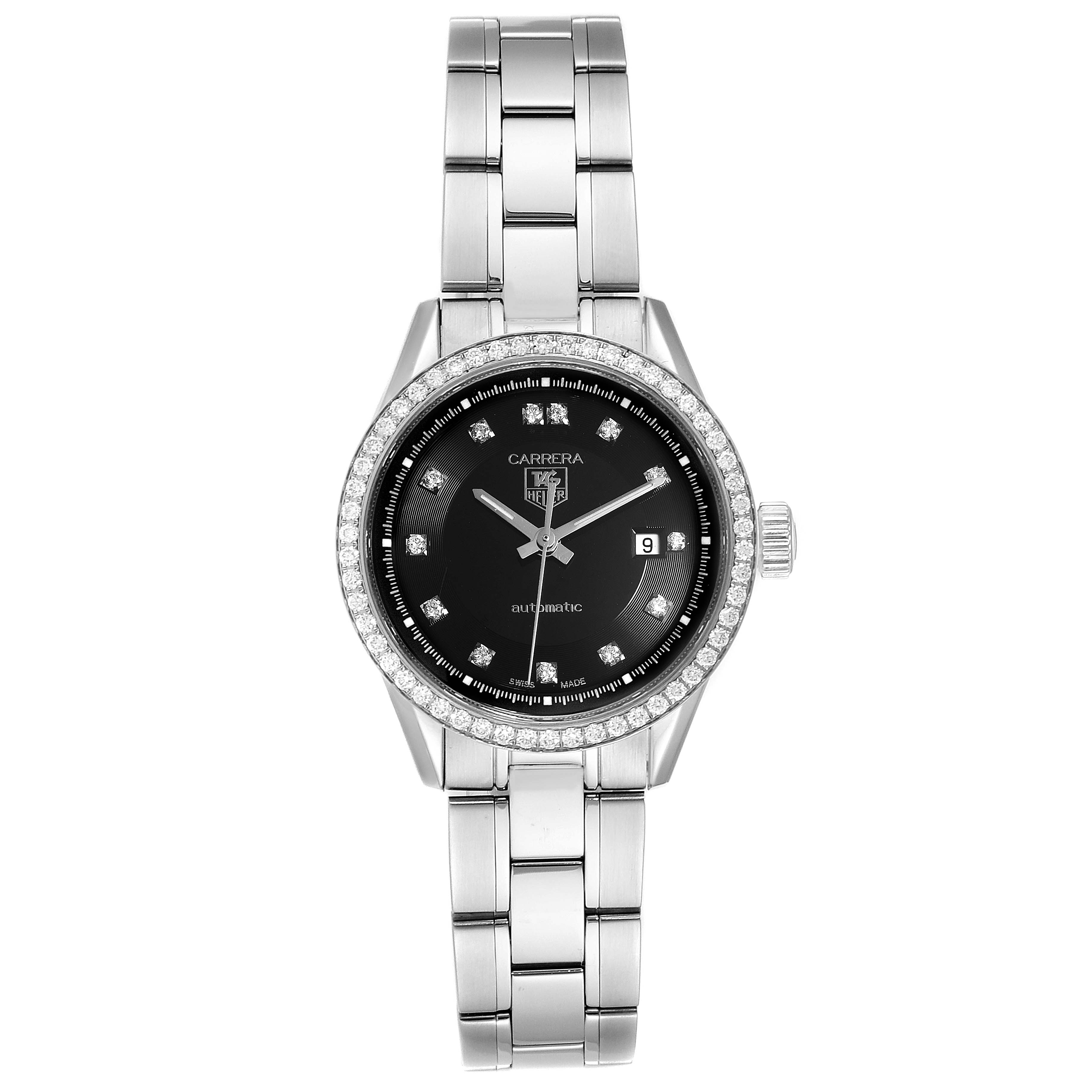 The Tag Heuer Carrera WV2412.BA0793 Women
s Stainless Steel Black Dial WV2412.BA0793 Women
s Stainless Steel Black Dial watch is shown from a direct front view displaying its dial, bezel, and bracelet.