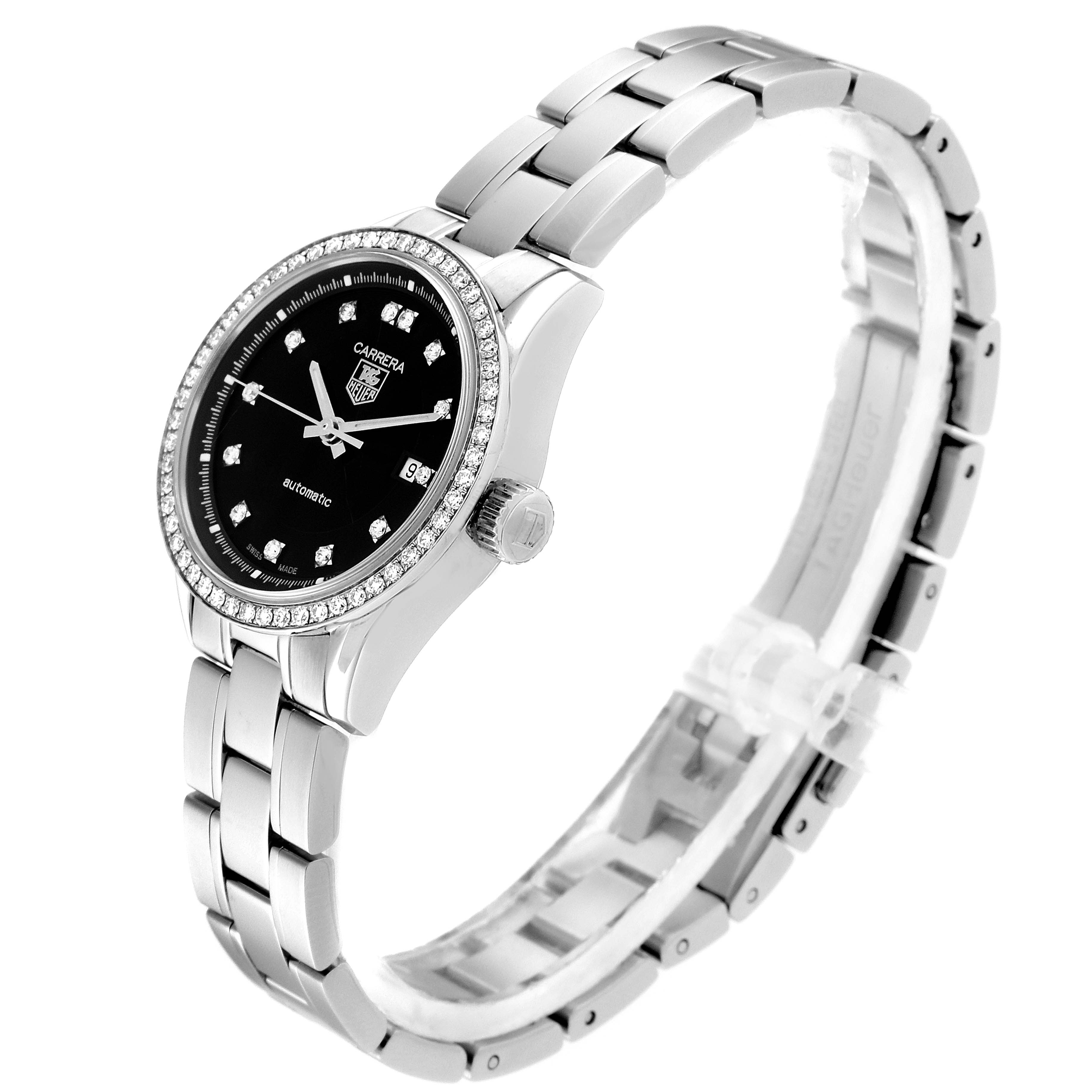 The Tag Heuer Carrera WV2412.BA0793 Women
s Stainless Steel Black Dial WV2412.BA0793 Women
s Stainless Steel Black Dial watch is shown from a side angle, highlighting the black dial, diamond bezel, and silver bracelet.