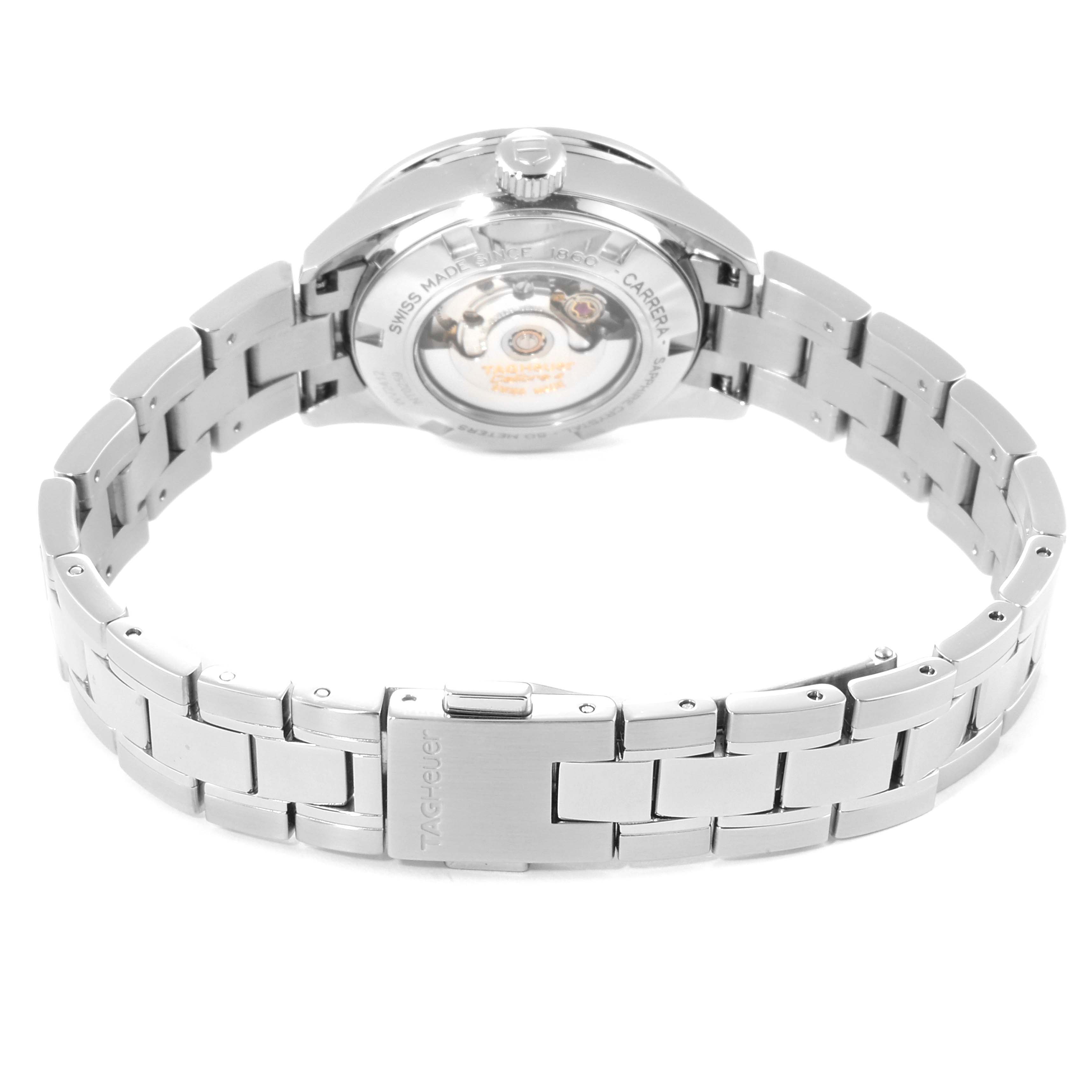 The image shows the back of a Tag Heuer Carrera WV2412.BA0793 Women
s Stainless Steel Black Dial WV2412.BA0793 Women
s Stainless Steel Black Dial watch, highlighting its metal bracelet and visible movement through the case back.