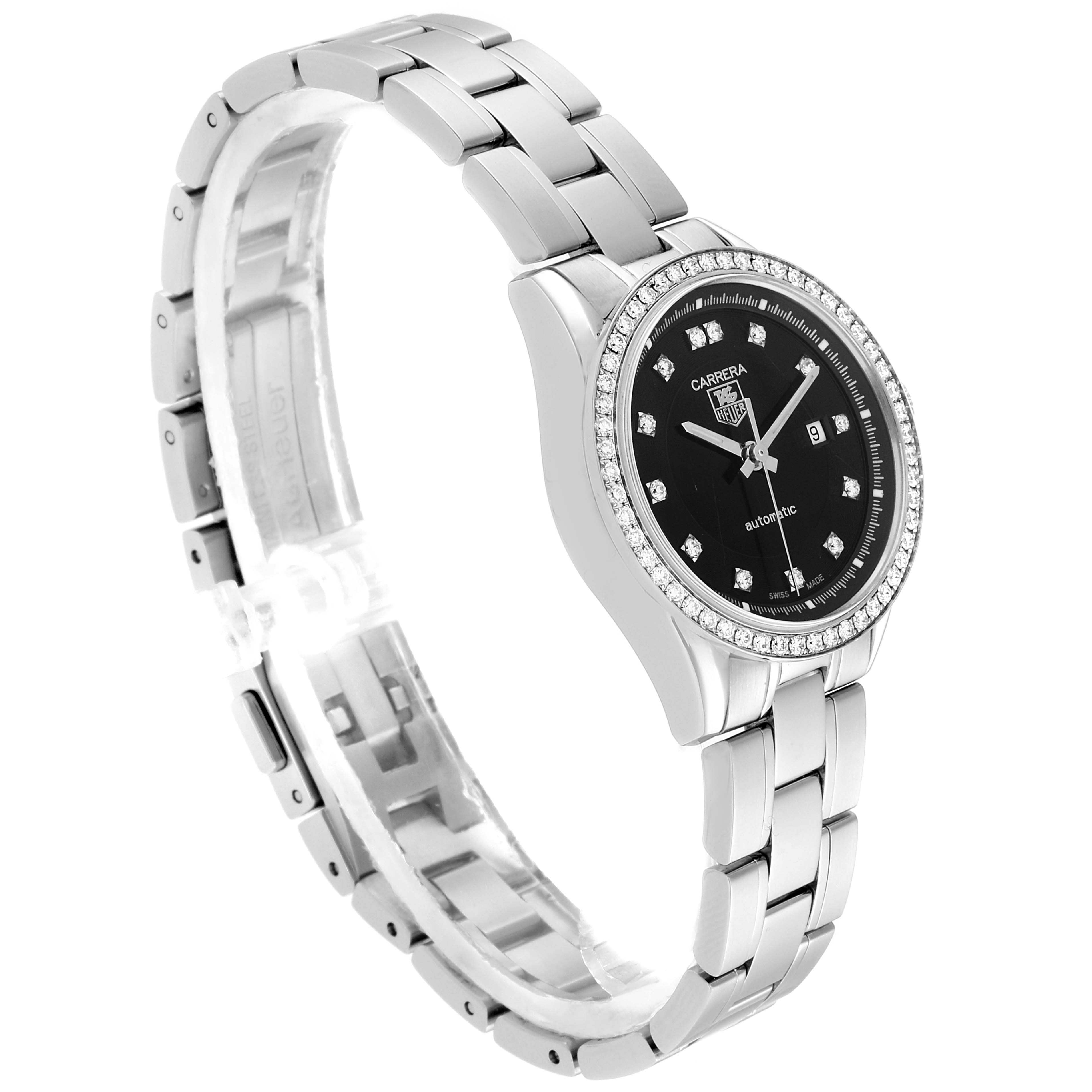 The image shows a side view of a Tag Heuer Carrera WV2412.BA0793 Women
s Stainless Steel Black Dial WV2412.BA0793 Women
s Stainless Steel Black Dial watch with a silver bracelet, black dial, and diamond-studded bezel.