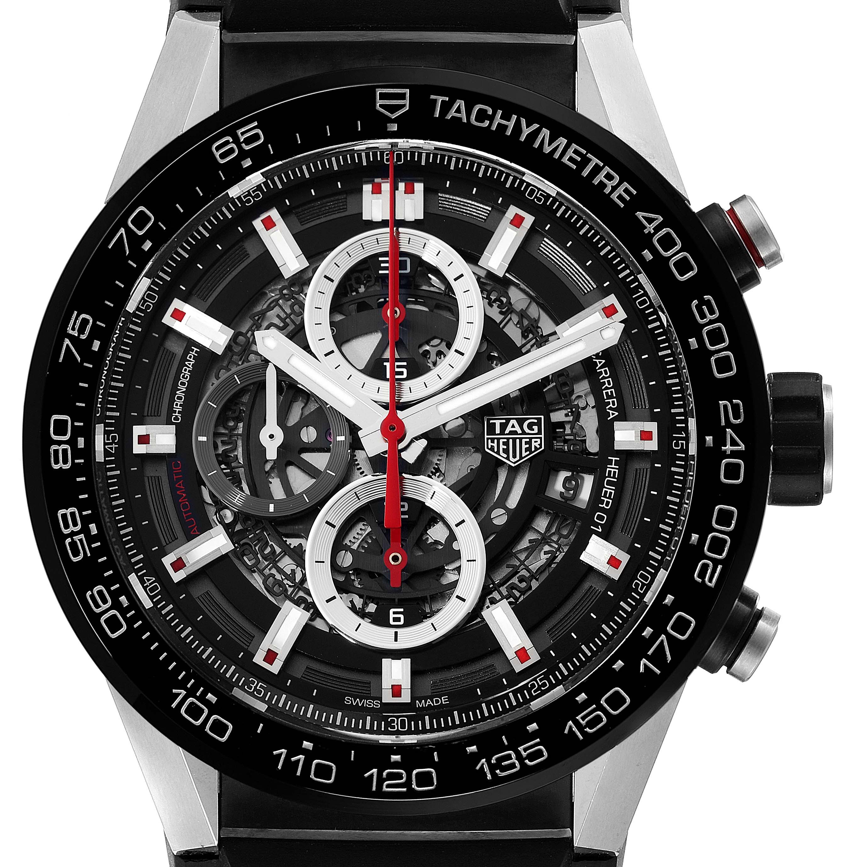 The image shows a front view of the Tag Heuer Carrera CAR2A1Z.FT6044 Men's Stainless Steel Black Dial CAR2A1Z.FT6044 Men's Stainless Steel Black Dial watch, focusing on its dial, tachymeter bezel, and chronograph subdials.