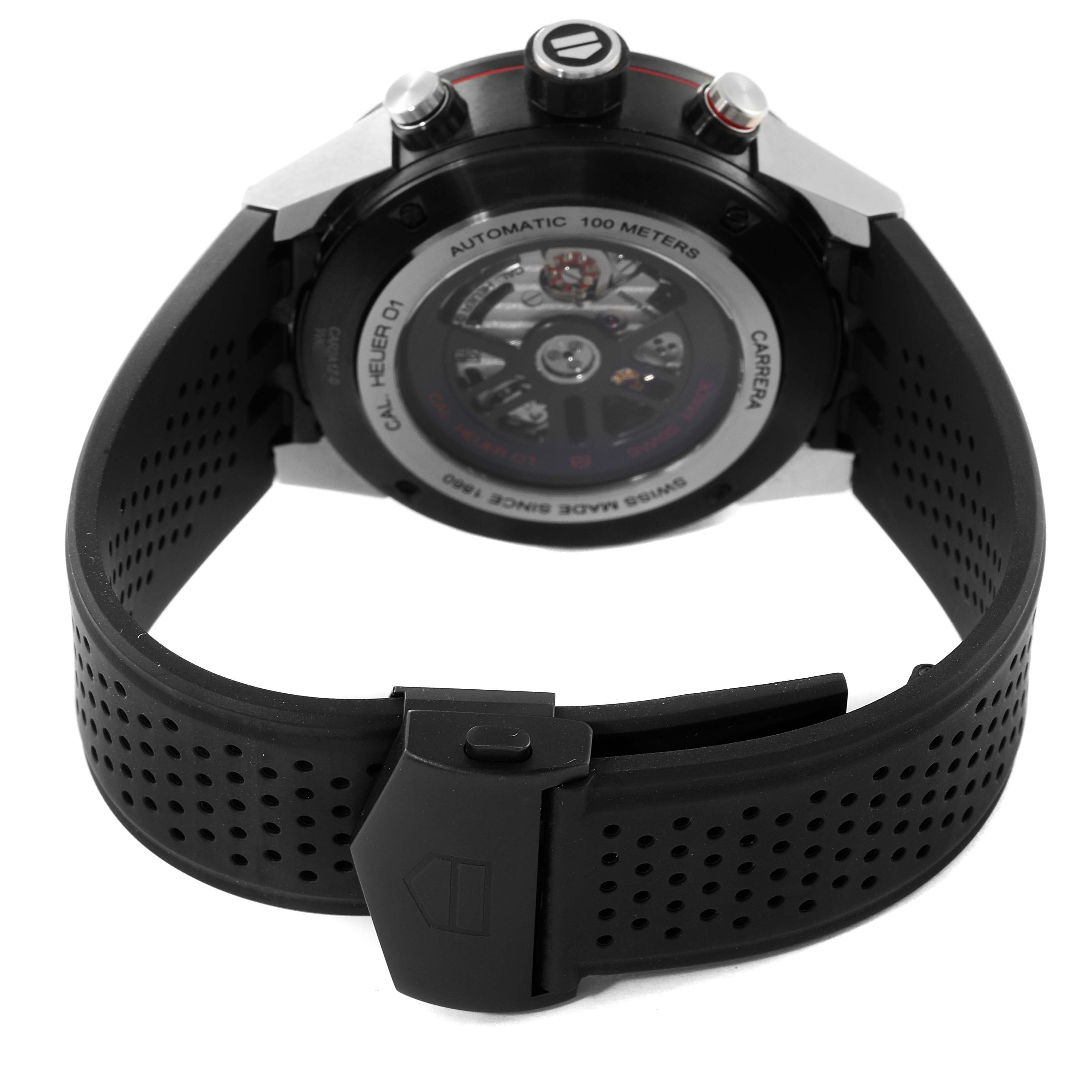 The image shows the back view of a Tag Heuer Carrera CAR2A1Z.FT6044 Men's Stainless Steel Black Dial CAR2A1Z.FT6044 Men's Stainless Steel Black Dial watch, highlighting the case back and perforated strap.