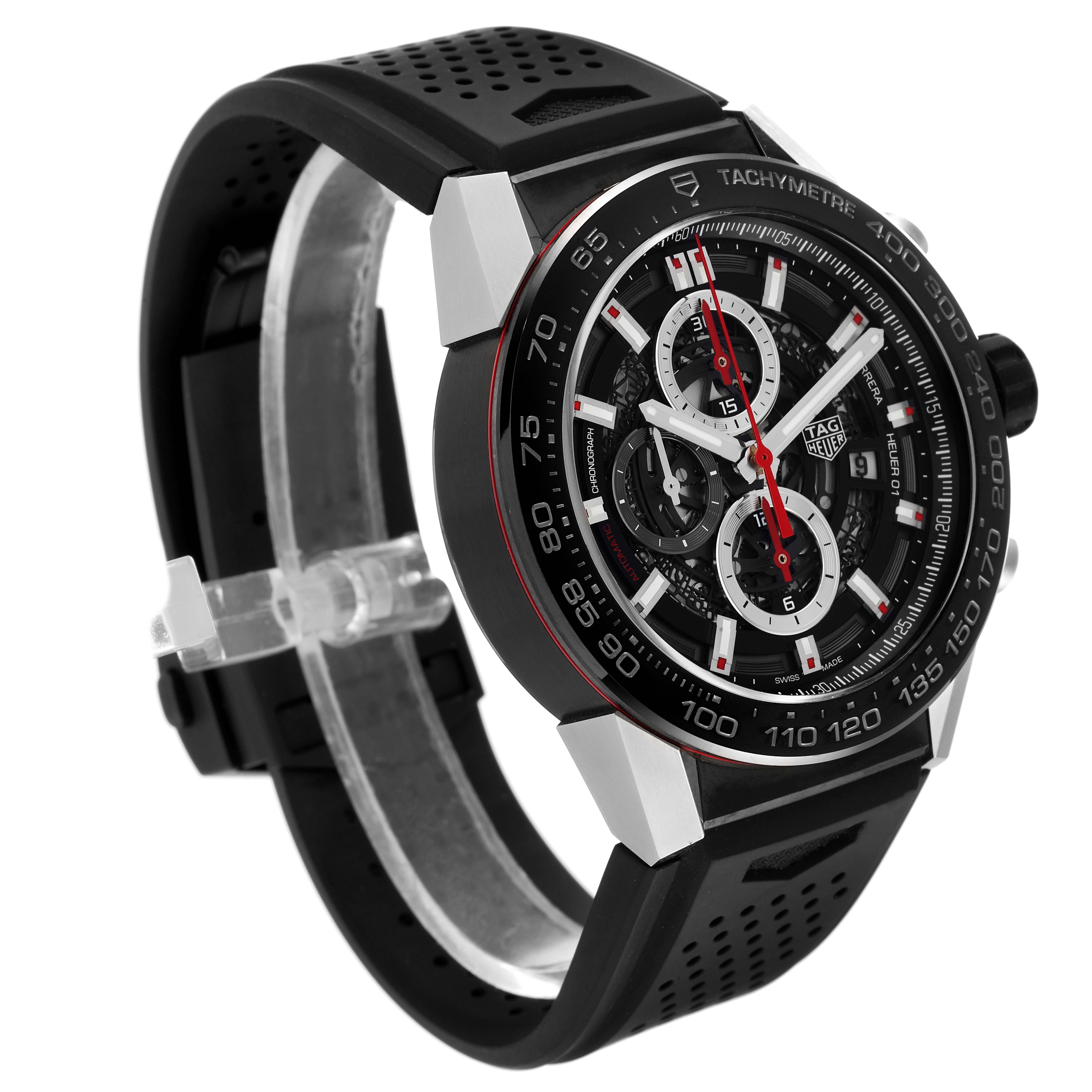 The image shows a side angle of the Tag Heuer Carrera CAR2A1Z.FT6044 Men's Stainless Steel Black Dial CAR2A1Z.FT6044 Men's Stainless Steel Black Dial watch, highlighting its dial, tachymeter scale, and black strap.