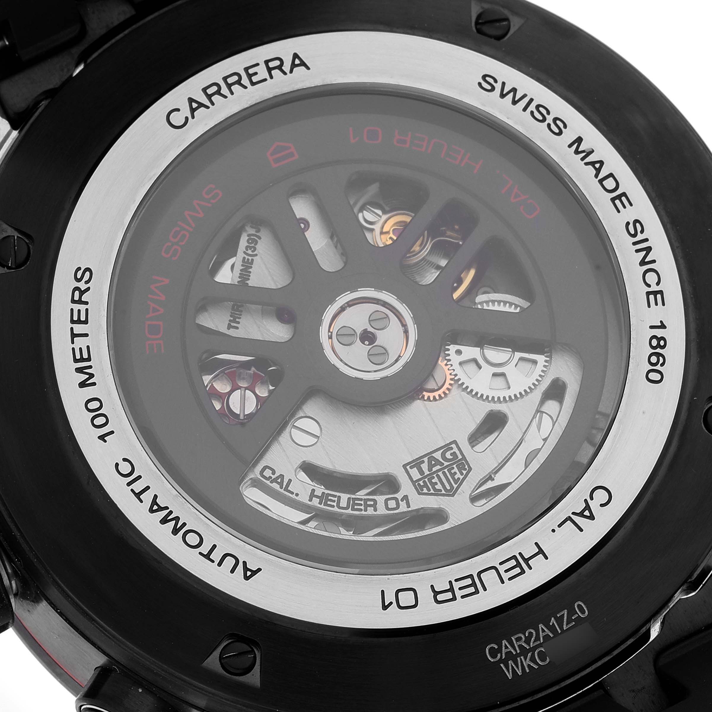 The image shows the back view of a Tag Heuer Carrera CAR2A1Z.FT6044 Men's Stainless Steel Black Dial CAR2A1Z.FT6044 Men's Stainless Steel Black Dial watch, revealing its internal mechanism and automatic movement details.