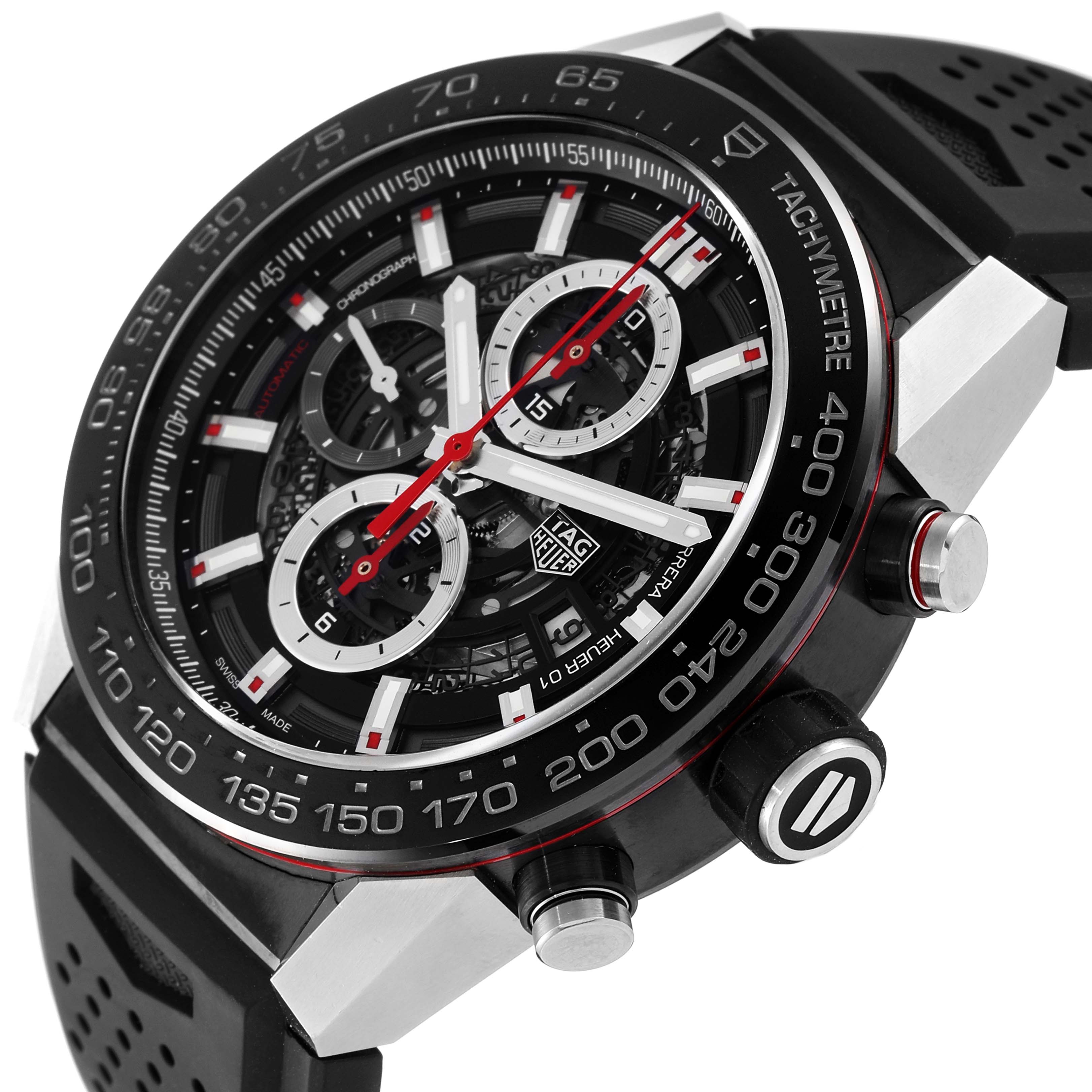 The image shows a close-up angled view of the Tag Heuer Carrera CAR2A1Z.FT6044 Men's Stainless Steel Black Dial CAR2A1Z.FT6044 Men's Stainless Steel Black Dial watch, highlighting the dial, bezel, and chronograph buttons.