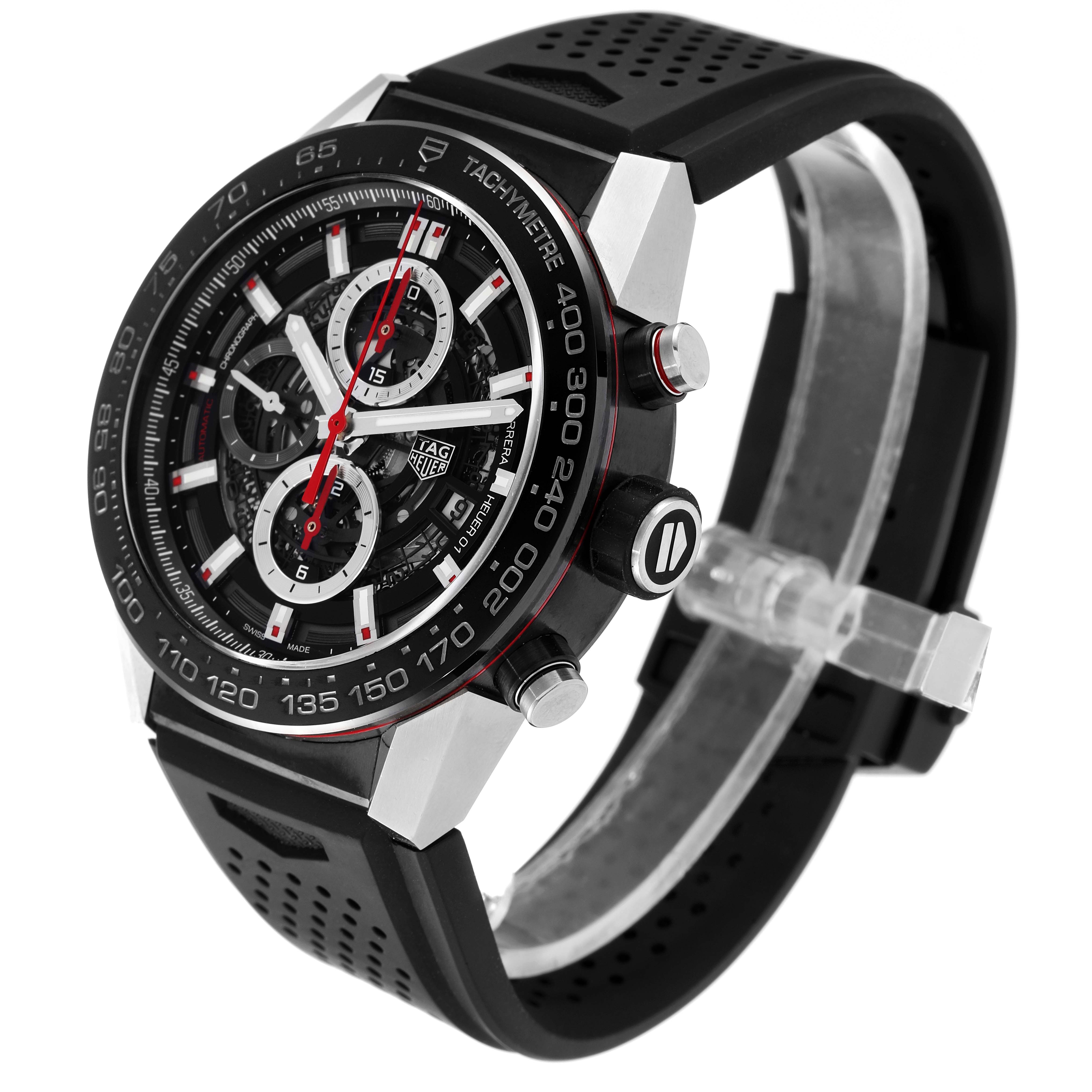 This is a Tag Heuer Carrera CAR2A1Z.FT6044 Men's Stainless Steel Black Dial CAR2A1Z.FT6044 Men's Stainless Steel Black Dial watch shown at a three-quarter angle, displaying the face, tachymeter bezel, and black strap.