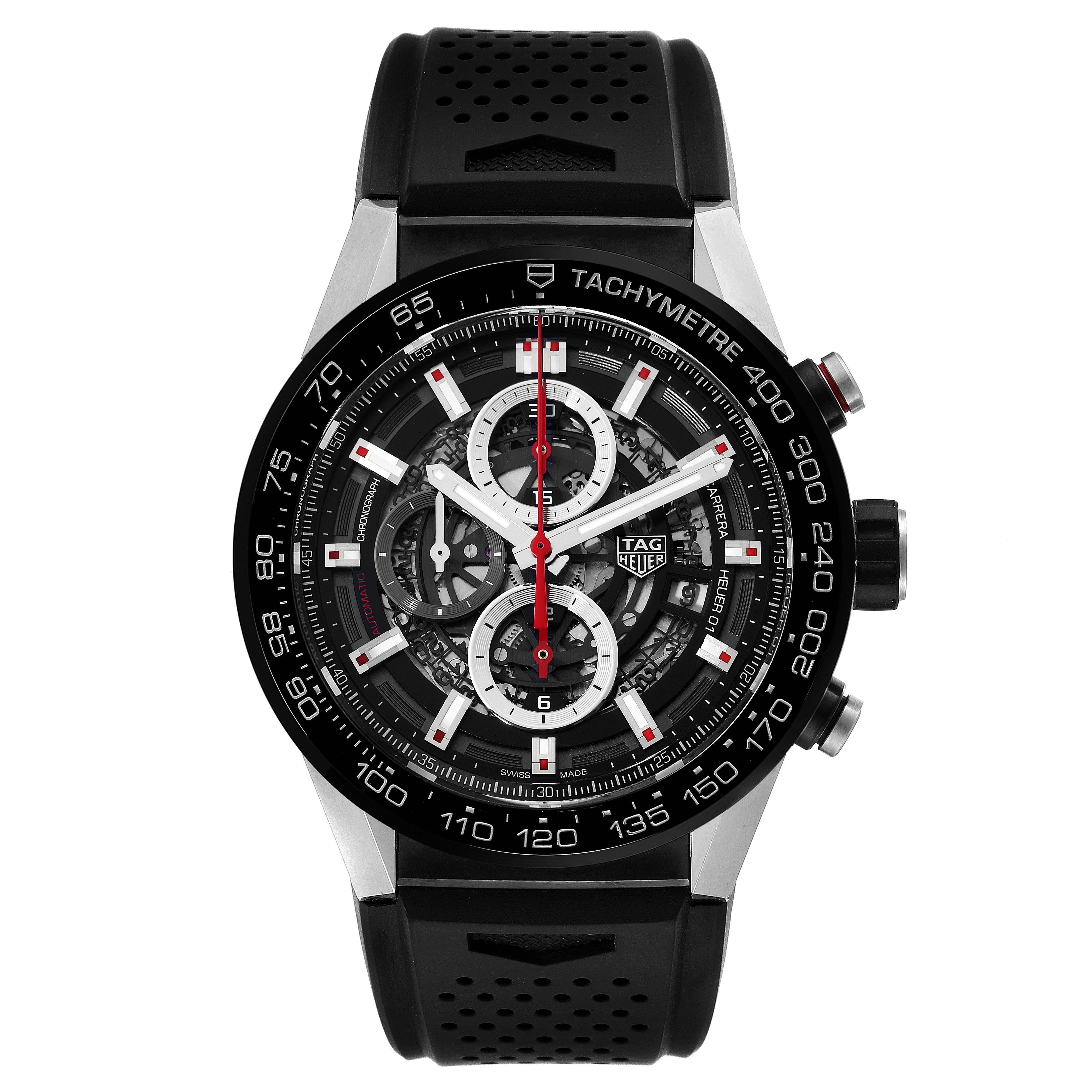 This is a top-down view of the Tag Heuer Carrera CAR2A1Z.FT6044 Men's Stainless Steel Black Dial CAR2A1Z.FT6044 Men's Stainless Steel Black Dial watch, showing the face, strap, and tachymeter.