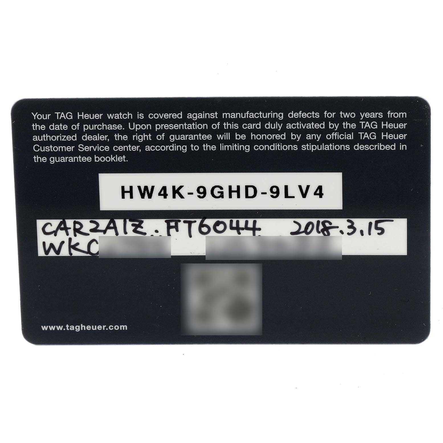 The image shows a warranty card for the Tag Heuer Carrera CAR2A1Z.FT6044 Men's Stainless Steel Black Dial CAR2A1Z.FT6044 Men's Stainless Steel Black Dial watch, displaying the model number and purchase date.