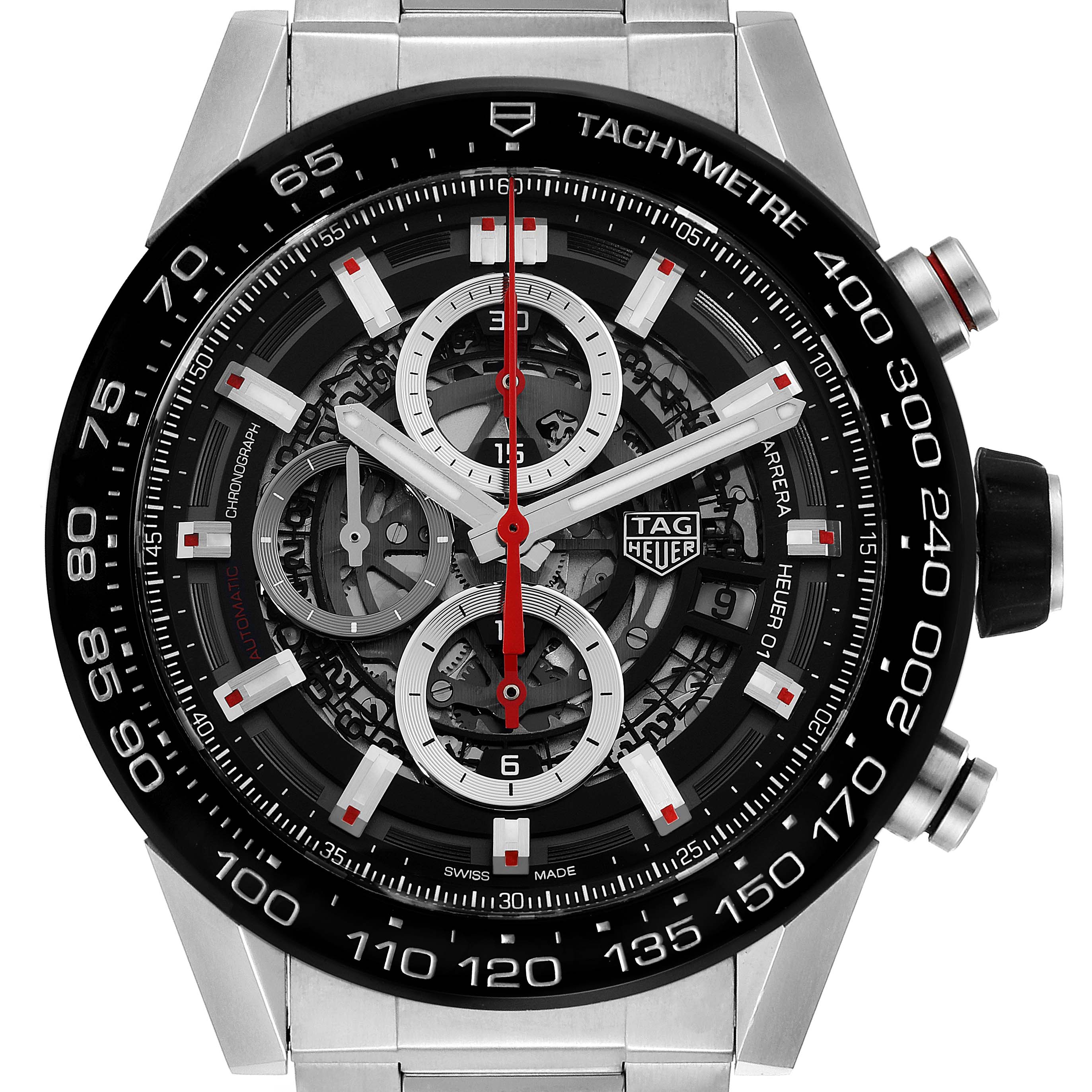 The image shows a front close-up of the Tag Heuer Carrera CAR2A1W.BA0703 Men's Stainless Steel Transparent Dial CAR2A1W.BA0703 Men's Stainless Steel Transparent Dial watch face and bezel.