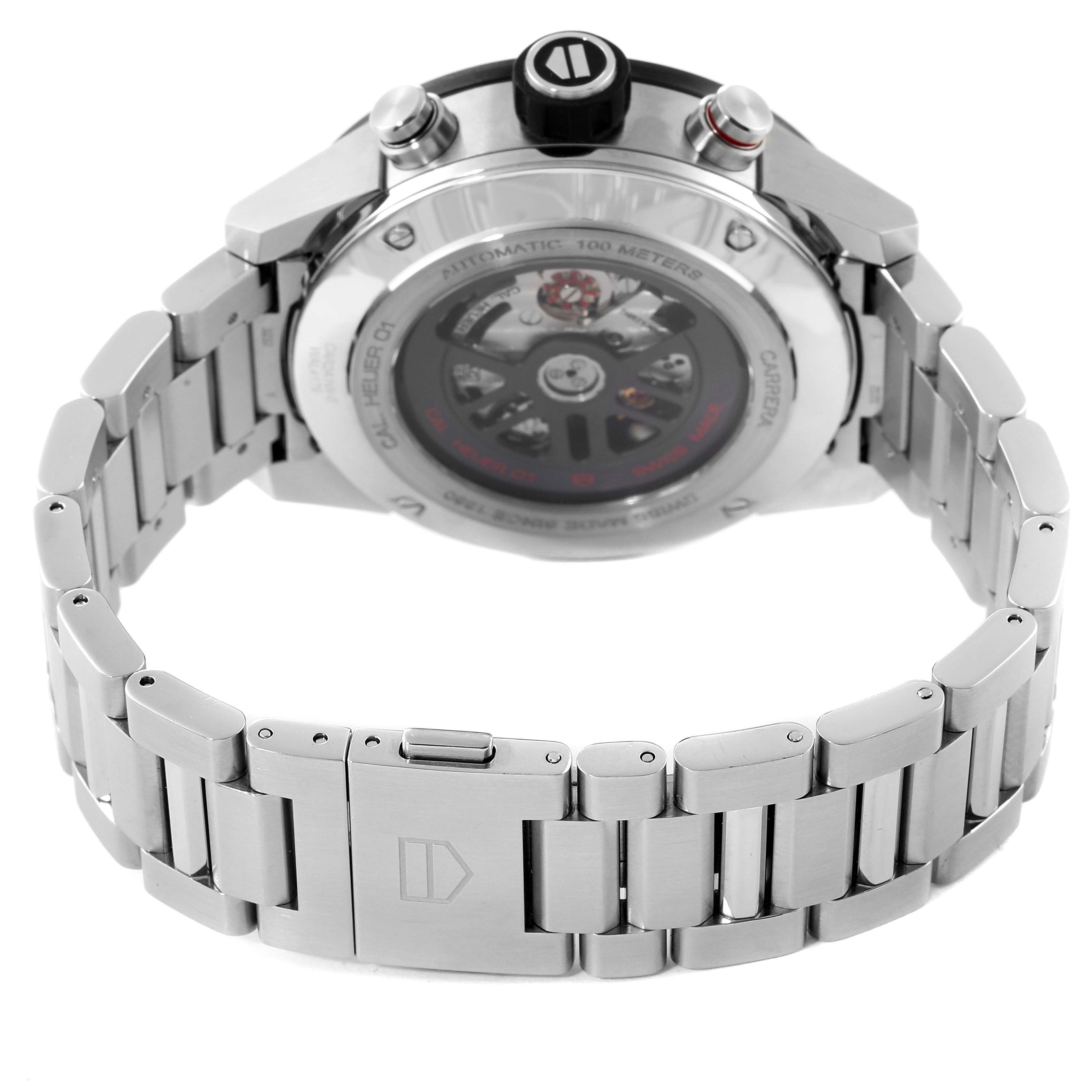 This image shows the back view of the Tag Heuer Carrera CAR2A1W.BA0703 Men's Stainless Steel Transparent Dial CAR2A1W.BA0703 Men's Stainless Steel Transparent Dial watch, highlighting the metal bracelet and transparent case back.