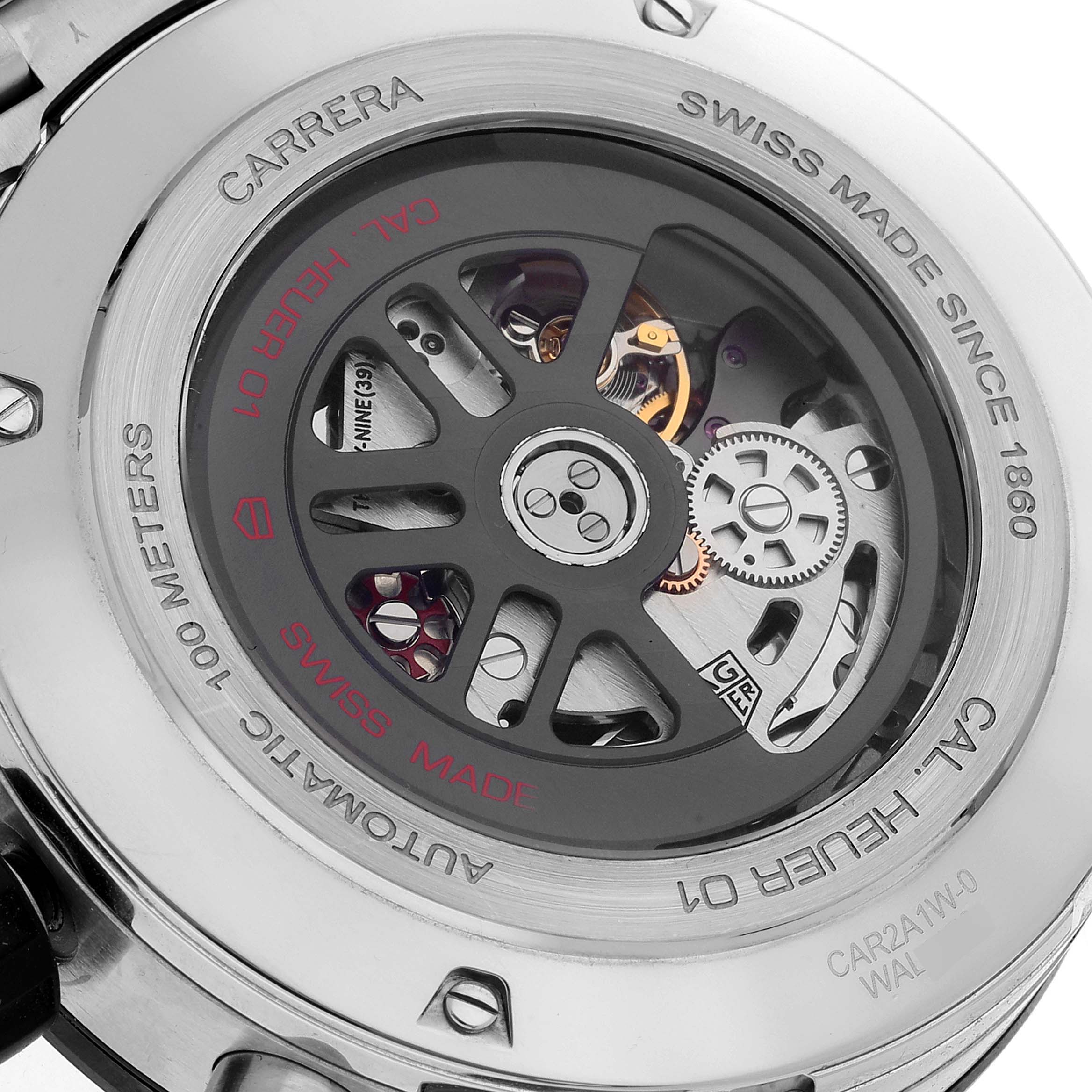 The image shows the open case back of a Tag Heuer Carrera CAR2A1W.BA0703 Men's Stainless Steel Transparent Dial CAR2A1W.BA0703 Men's Stainless Steel Transparent Dial watch, revealing the movement and components inside.