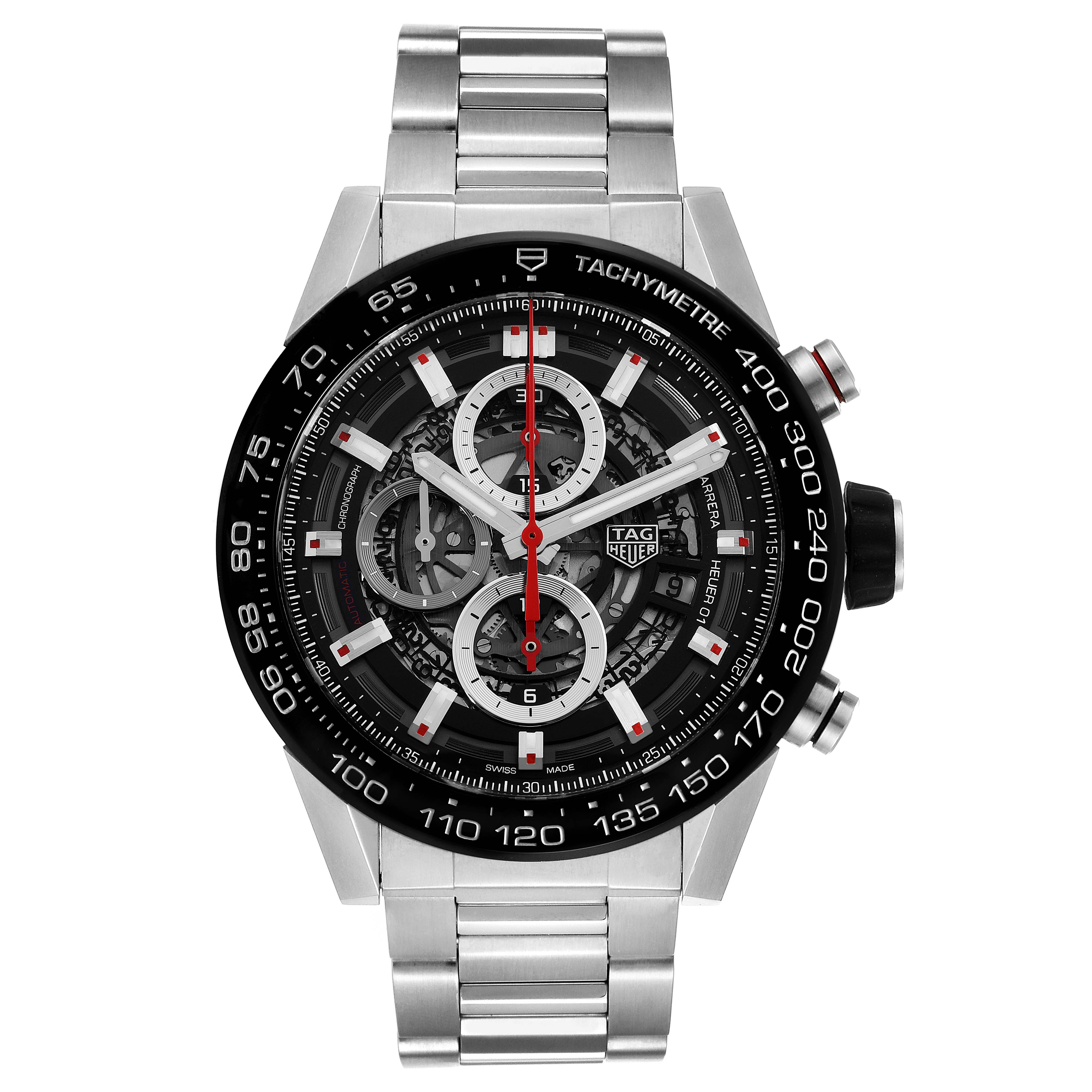 The Tag Heuer Carrera CAR2A1W.BA0703 Men's Stainless Steel Transparent Dial CAR2A1W.BA0703 Men's Stainless Steel Transparent Dial watch is shown from a front angle, displaying its dial, bezel, and bracelet.