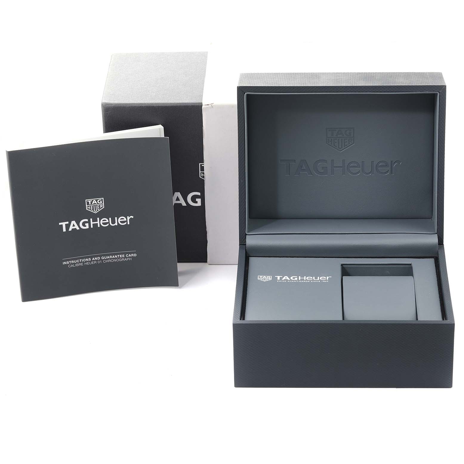 The image shows the packaging and instruction manual for a Tag Heuer Carrera CAR2A1W.BA0703 Men's Stainless Steel Transparent Dial CAR2A1W.BA0703 Men's Stainless Steel Transparent Dial watch.