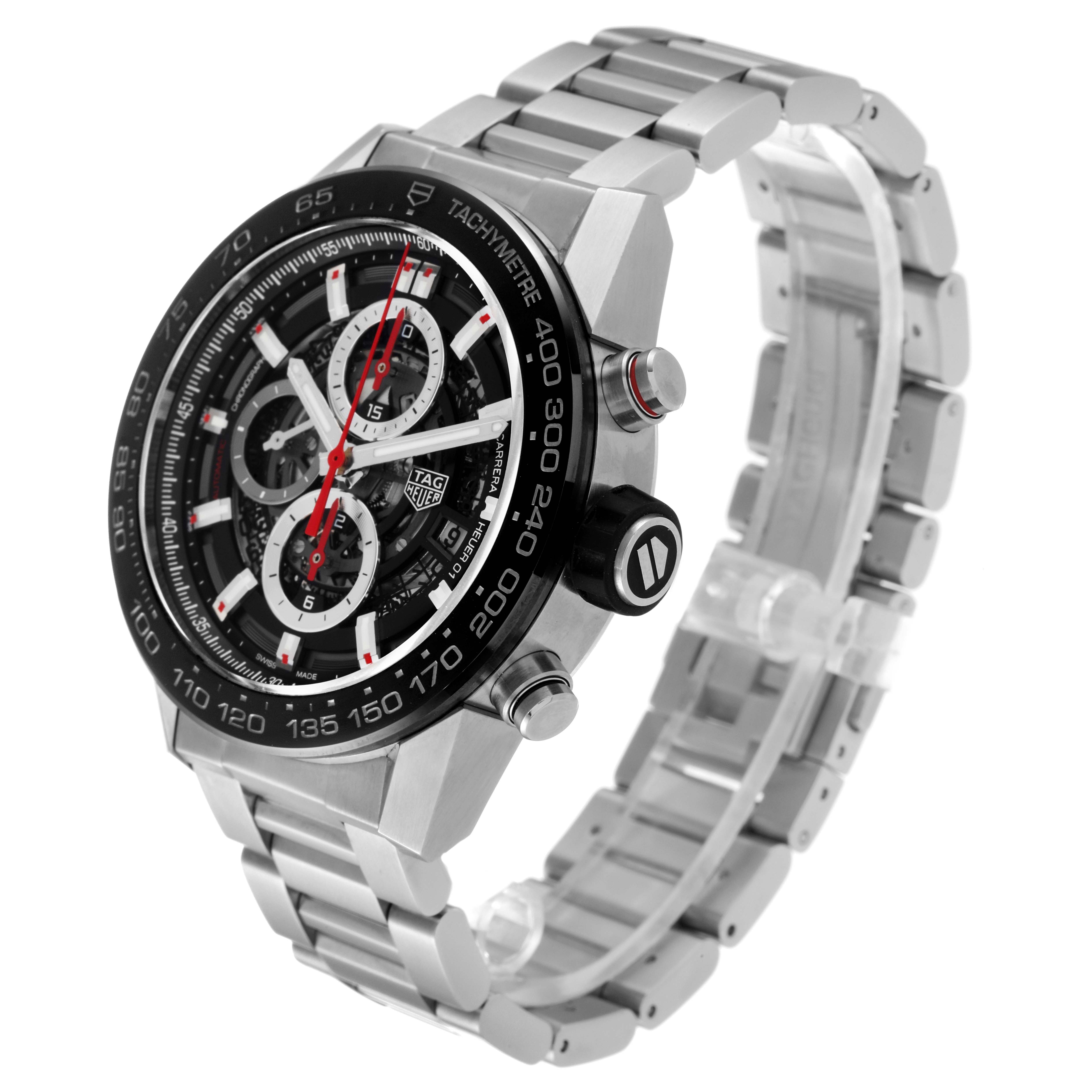 The image shows a Tag Heuer Carrera CAR2A1W.BA0703 Men's Stainless Steel Transparent Dial CAR2A1W.BA0703 Men's Stainless Steel Transparent Dial watch from a front-right angled view, highlighting the dial, bezel, side buttons, and metal band.