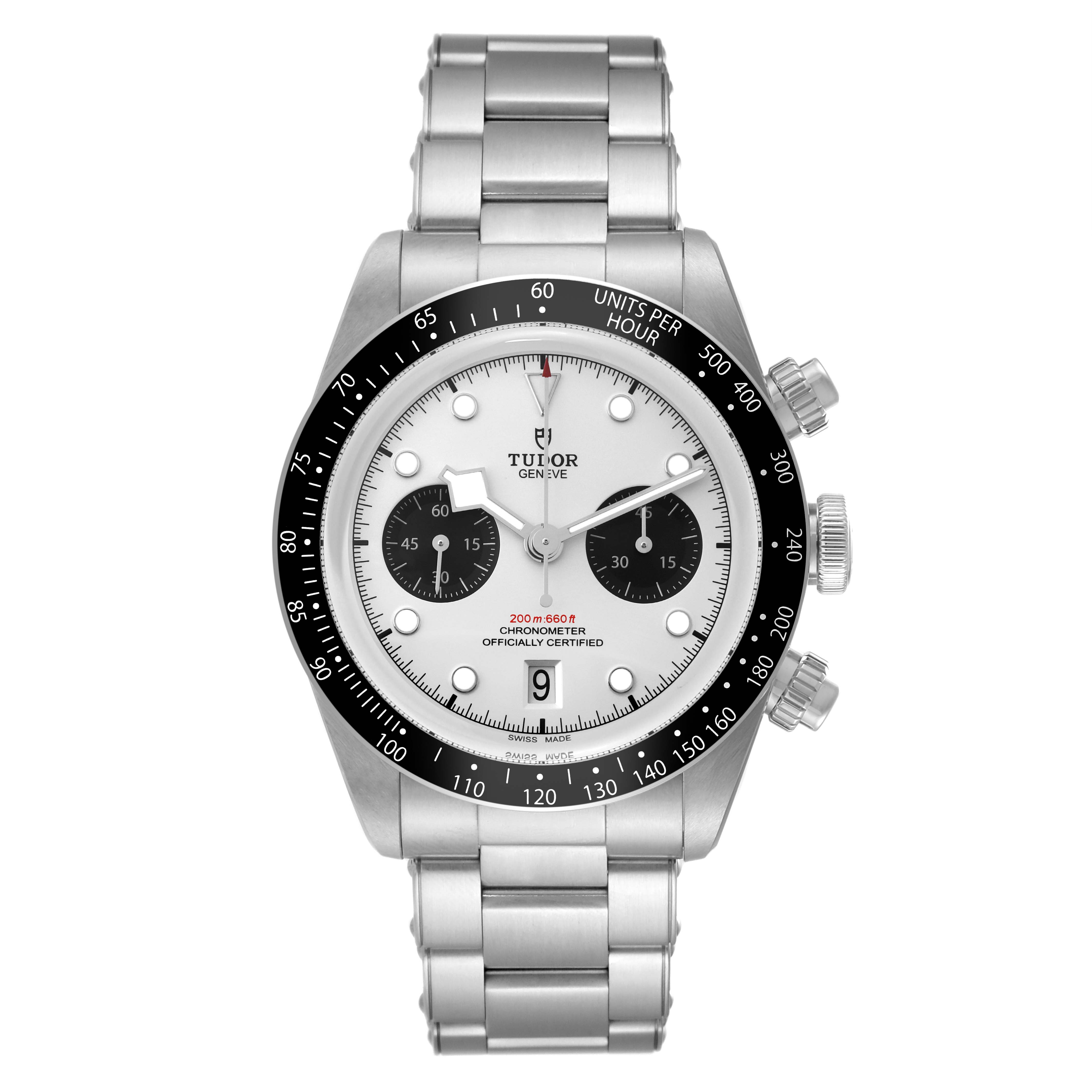 The image shows a front view of a Tudor Heritage Black Bay M79360N-0002 Men's Stainless Steel Silver Dial M79360N-0002 Men's Stainless Steel Silver Dial watch, displaying its dial, bezel, case, and bracelet.