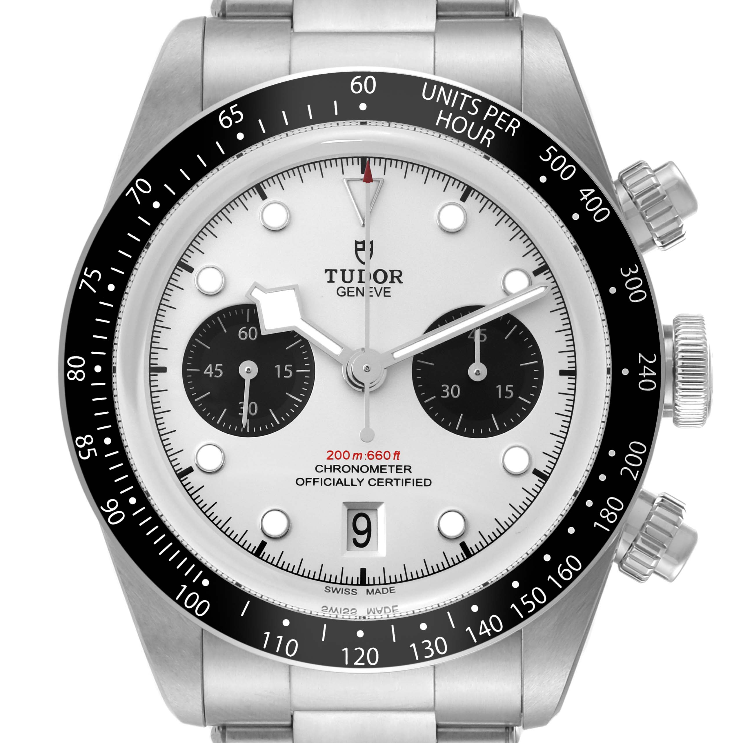 The image shows a front view of the Tudor Heritage Black Bay M79360N-0002 Men's Stainless Steel Silver Dial M79360N-0002 Men's Stainless Steel Silver Dial watch, highlighting its dial, bezel, and chronograph subdials.