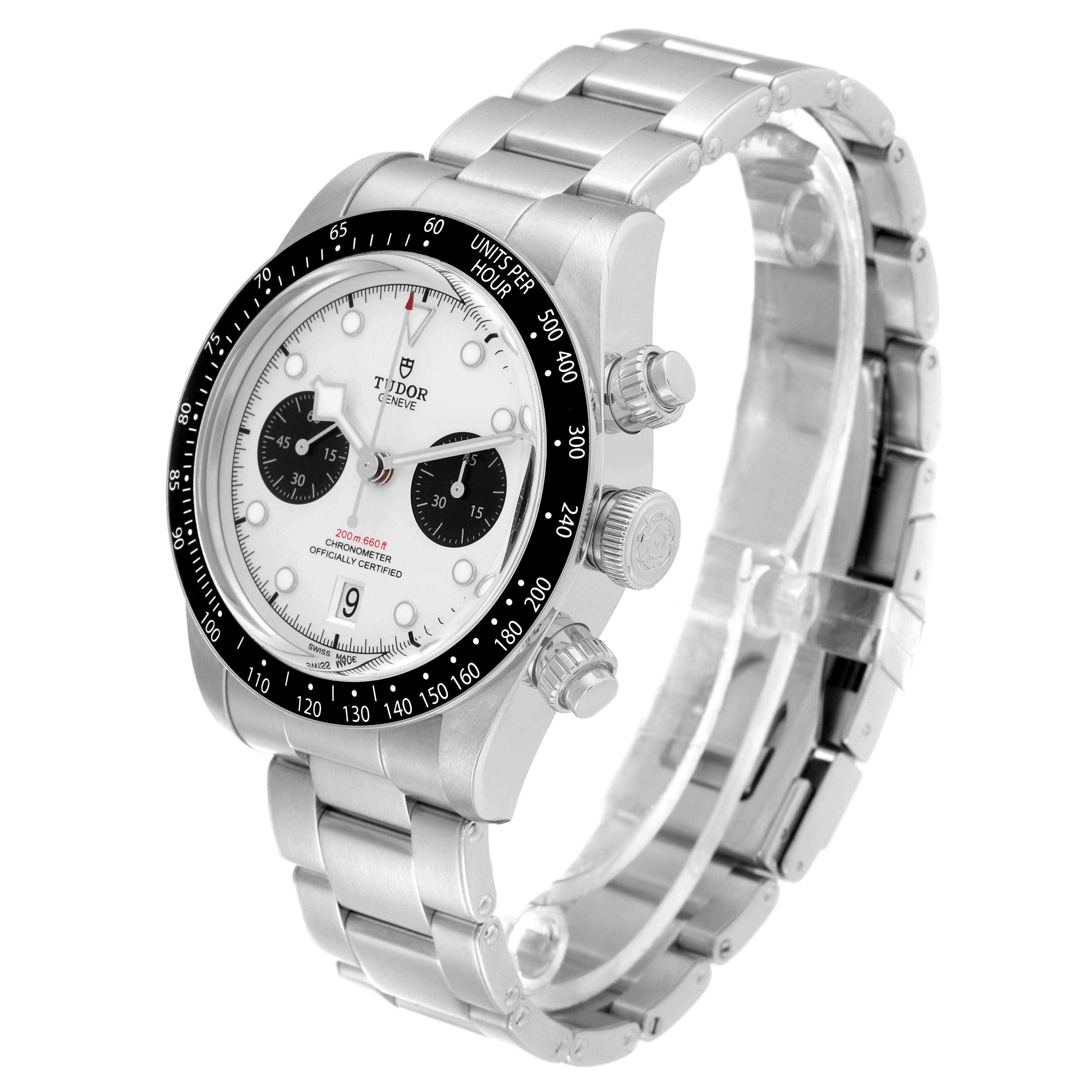 The image shows a side angle of the Tudor Heritage Black Bay M79360N-0002 Men's Stainless Steel Silver Dial M79360N-0002 Men's Stainless Steel Silver Dial with its stainless steel case, bezel, crown, pushers, and bracelet.