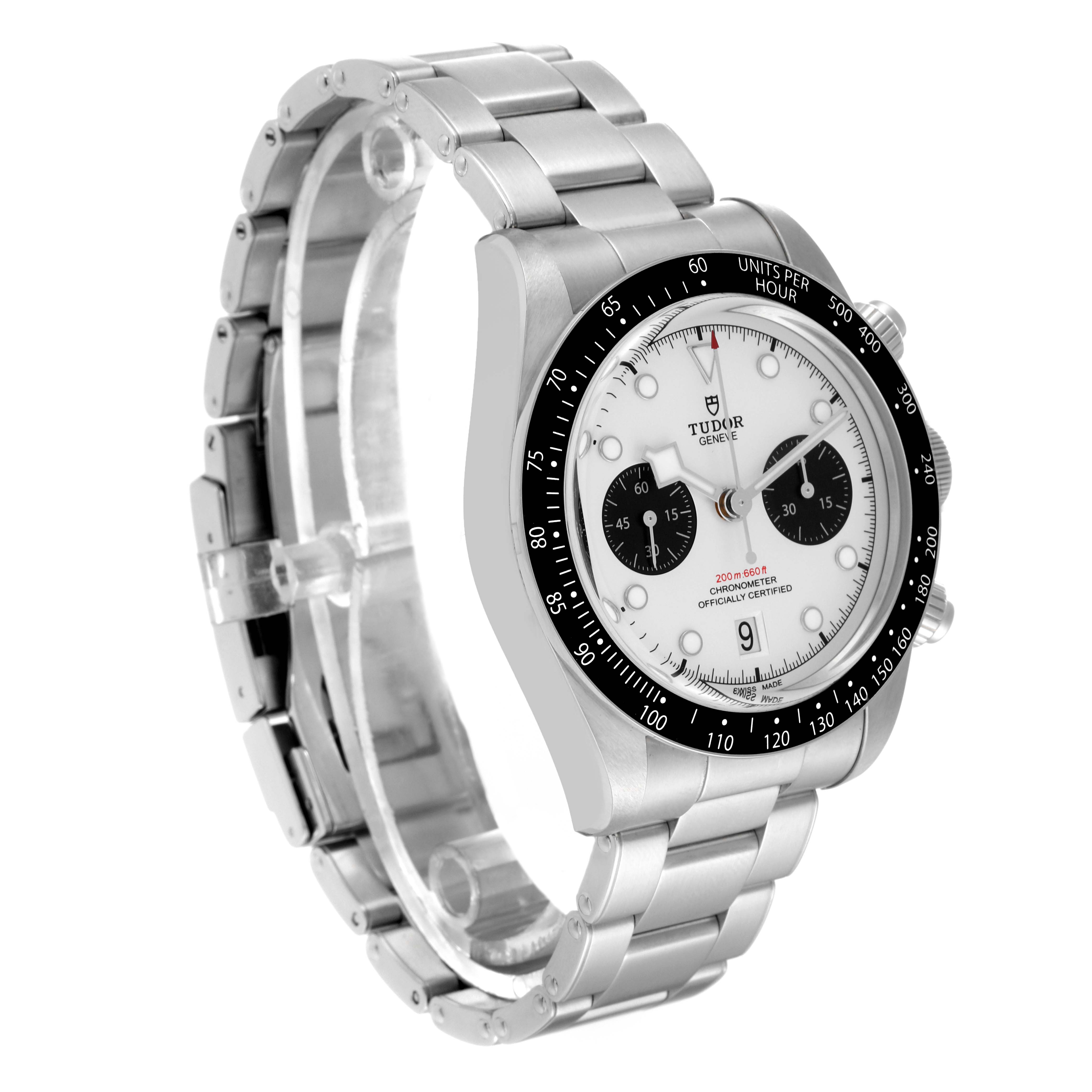 The Tudor Heritage Black Bay M79360N-0002 Men's Stainless Steel Silver Dial M79360N-0002 Men's Stainless Steel Silver Dial watch is shown from an oblique angle featuring the bezel, dial, case, and bracelet.