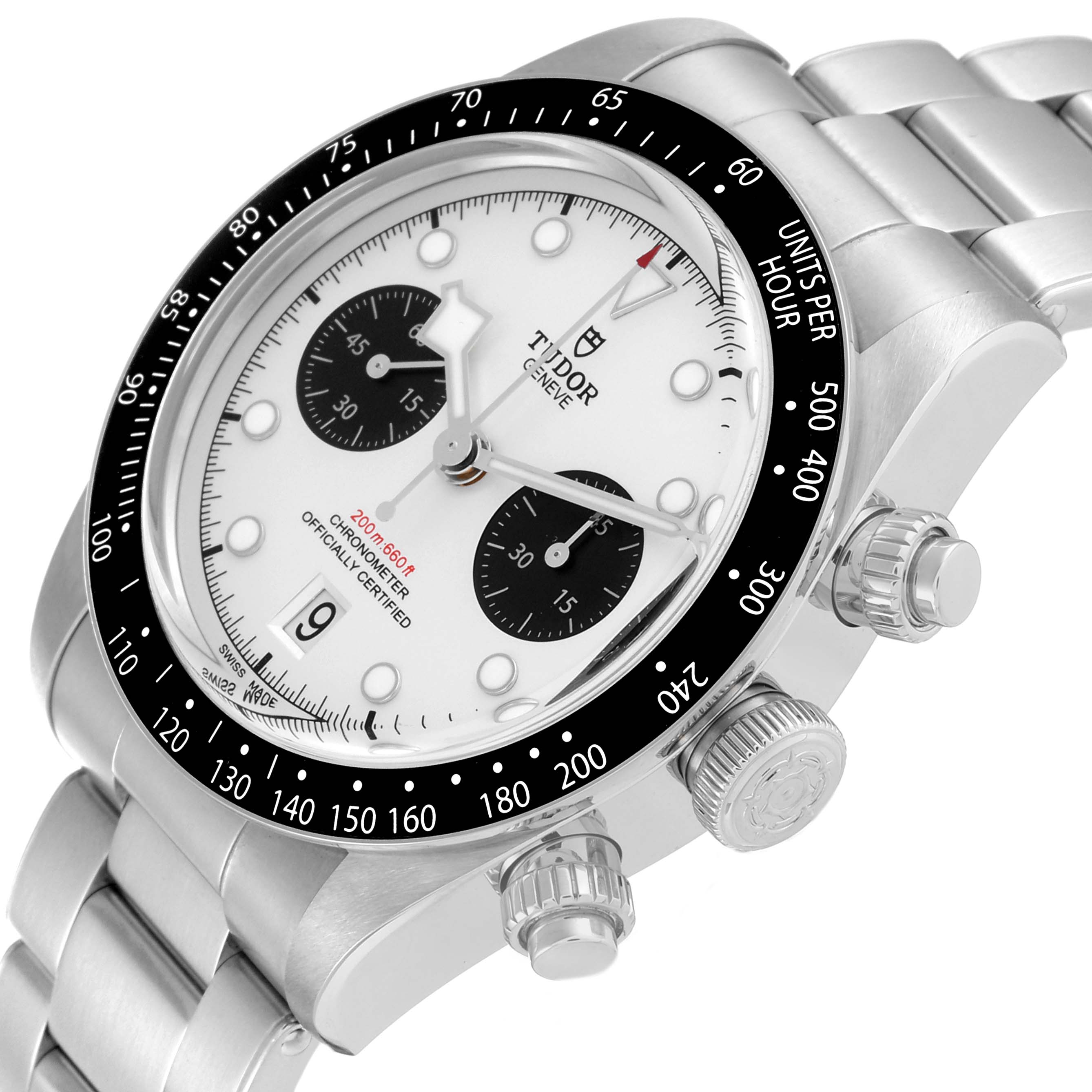 The image shows a Tudor Heritage Black Bay M79360N-0002 Men's Stainless Steel Silver Dial M79360N-0002 Men's Stainless Steel Silver Dial watch, angled from the top-front, highlighting the dial, bezel, and part of the bracelet.