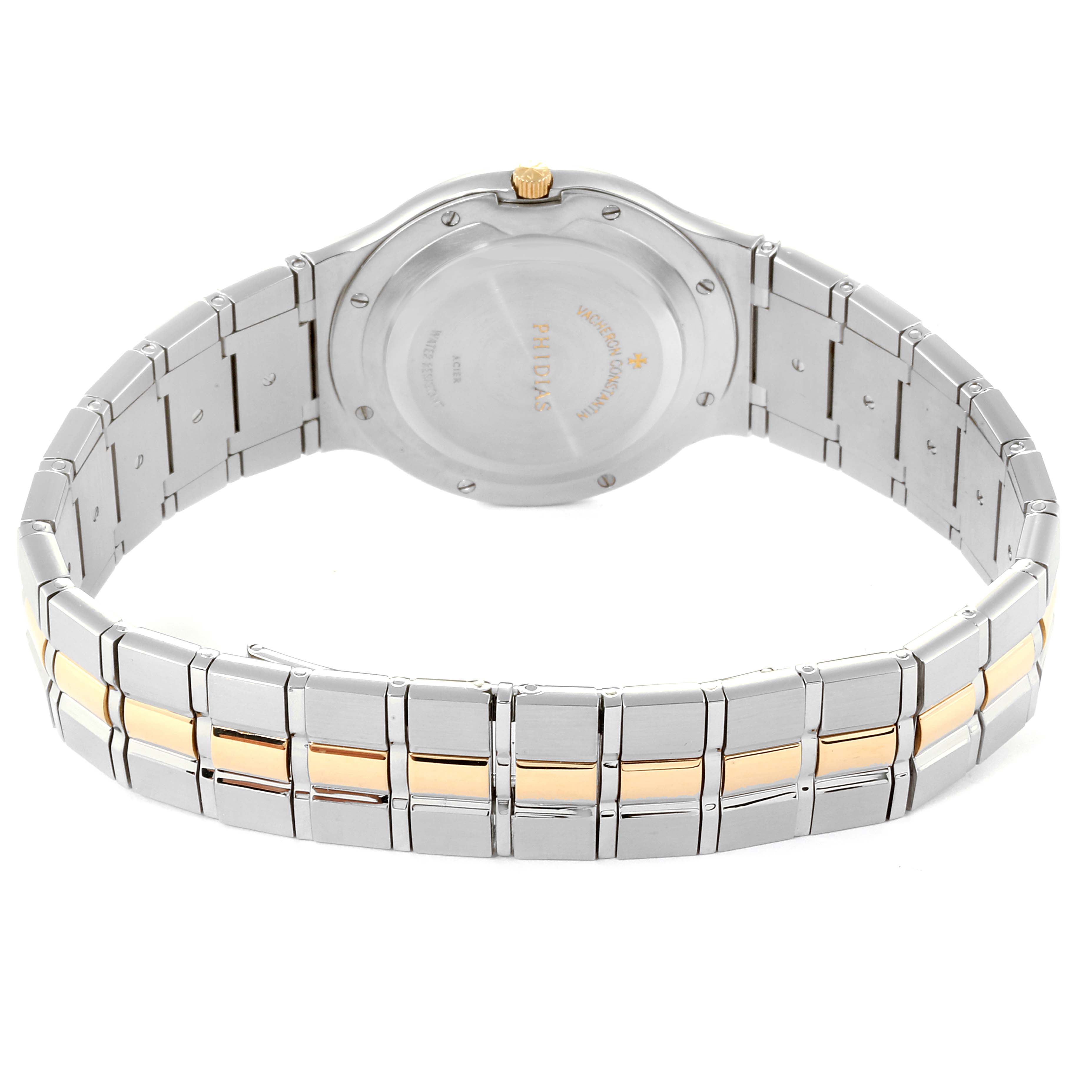 The image shows the back view of the Vacheron Constantin Vintage 48010 Women's Steel and Gold (two tone) Champagne Dial 48010 Women's Steel and Gold (two tone) Champagne Dial watch, highlighting its bracelet and case back.