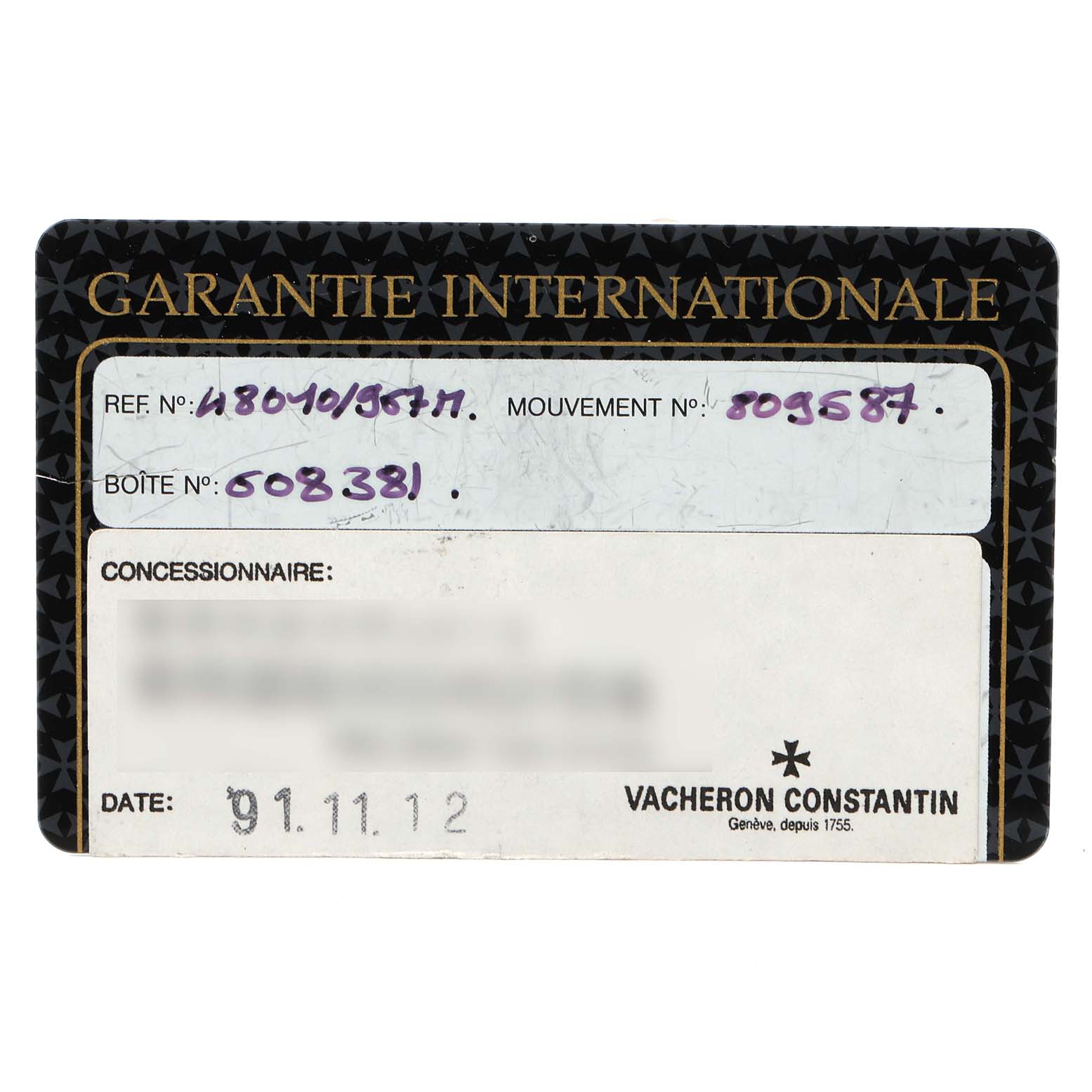 The image shows a warranty card for a Vintage model by Vacheron Constantin, highlighting its reference, movement, and case numbers.