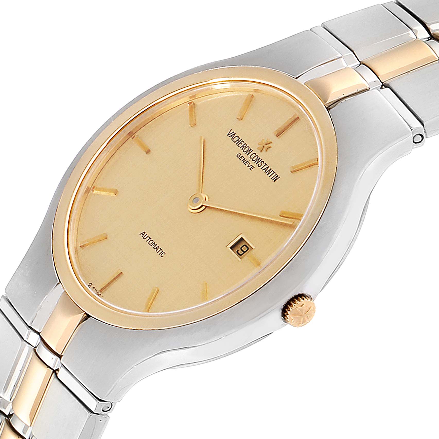 This image shows a Vintage Vacheron Constantin watch from a slightly tilted angle, featuring the dial, hands, date window, and part of the band.