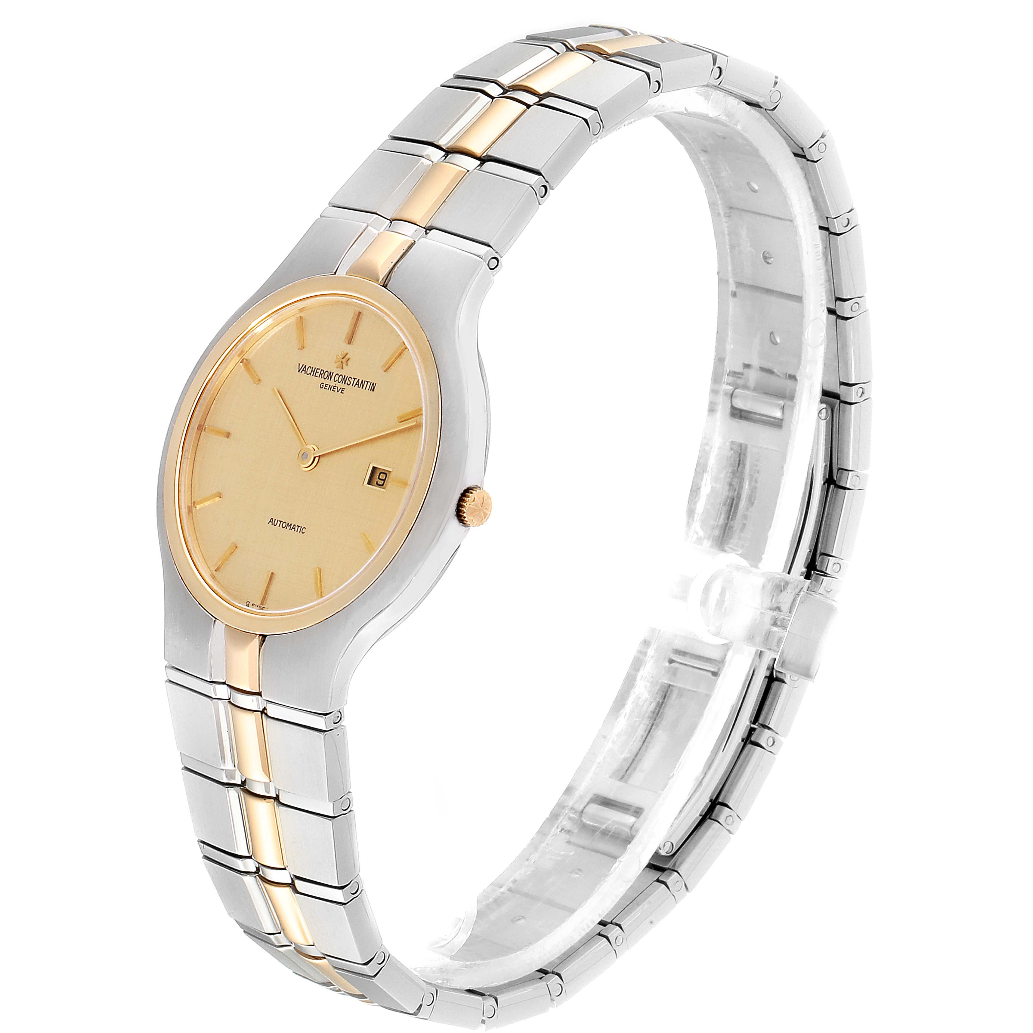 This image shows a Vacheron Constantin Vintage 48010 Women's Steel and Gold (two tone) Champagne Dial 48010 Women's Steel and Gold (two tone) Champagne Dial model watch in a semi-side view, displaying the dial, bracelet, and crown.