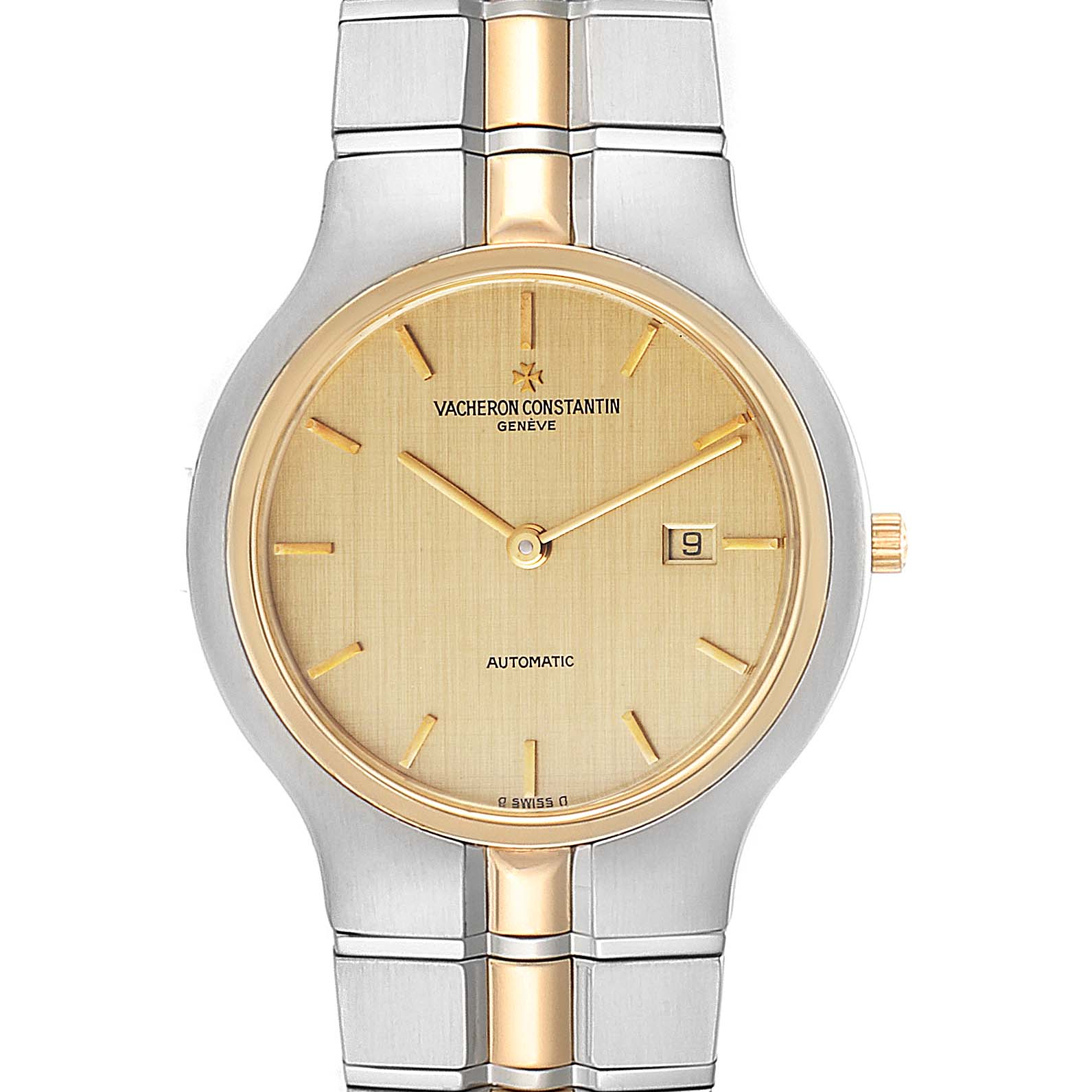 This image shows a front view of a Vintage Vacheron Constantin watch, highlighting the gold dial, hands, and date window.