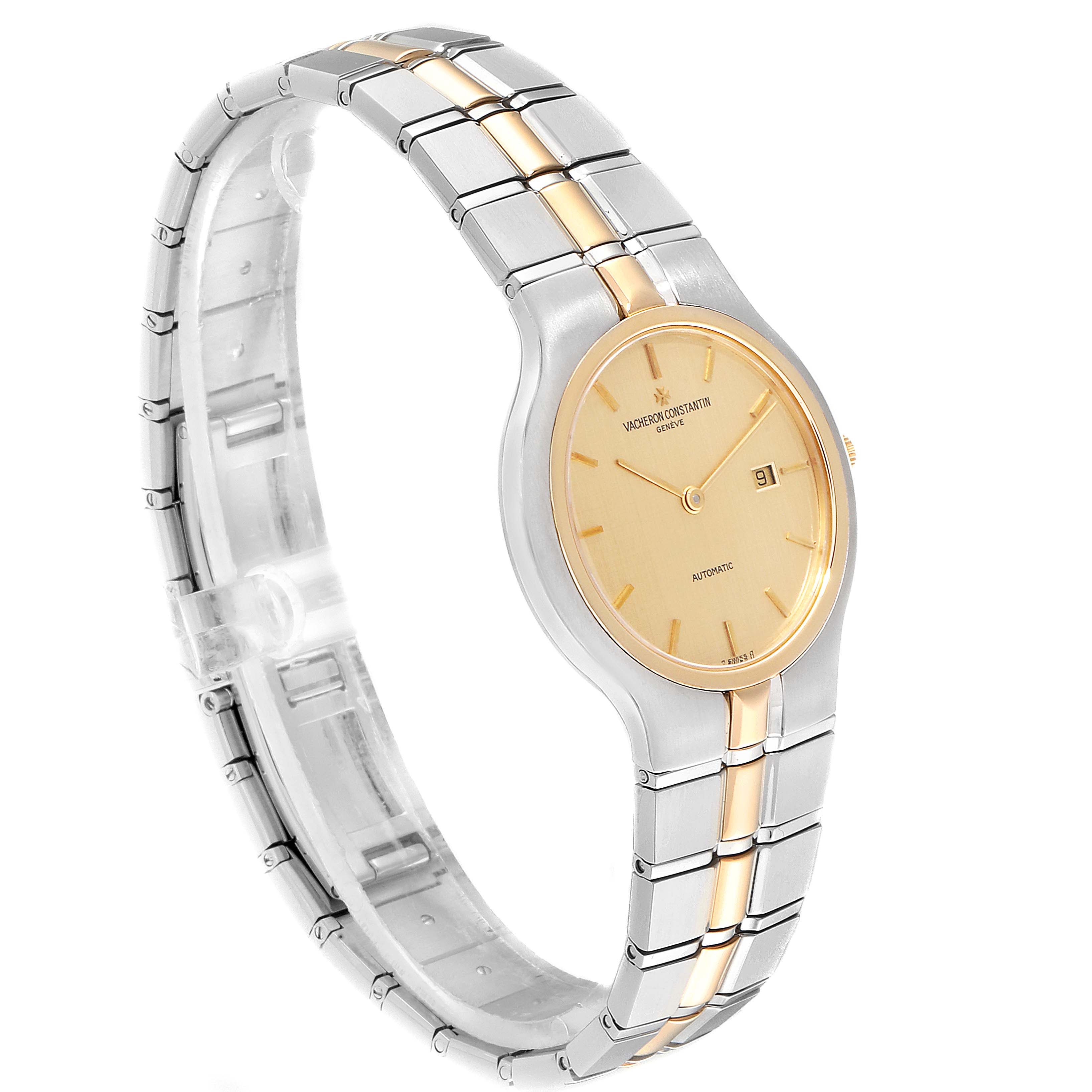The image shows a side angle view of a Vintage Vacheron Constantin watch, highlighting its gold dial and two-tone metal bracelet.