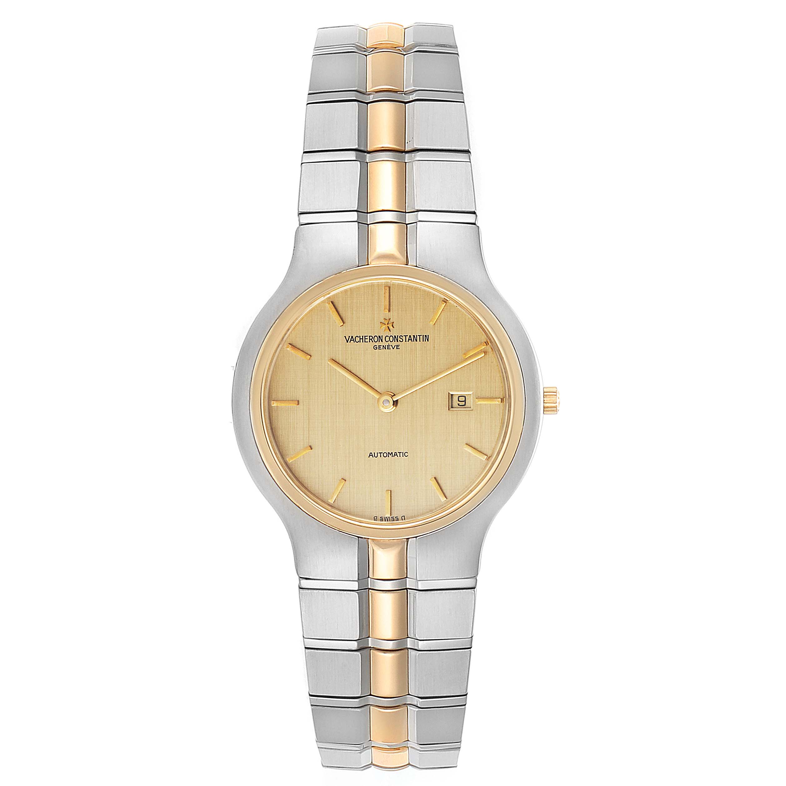 The image shows a front view of a Vacheron Constantin Vintage 48010 Women's Steel and Gold (two tone) Champagne Dial 48010 Women's Steel and Gold (two tone) Champagne Dial watch, displaying its gold dial, date window, and dual-tone bracelet.