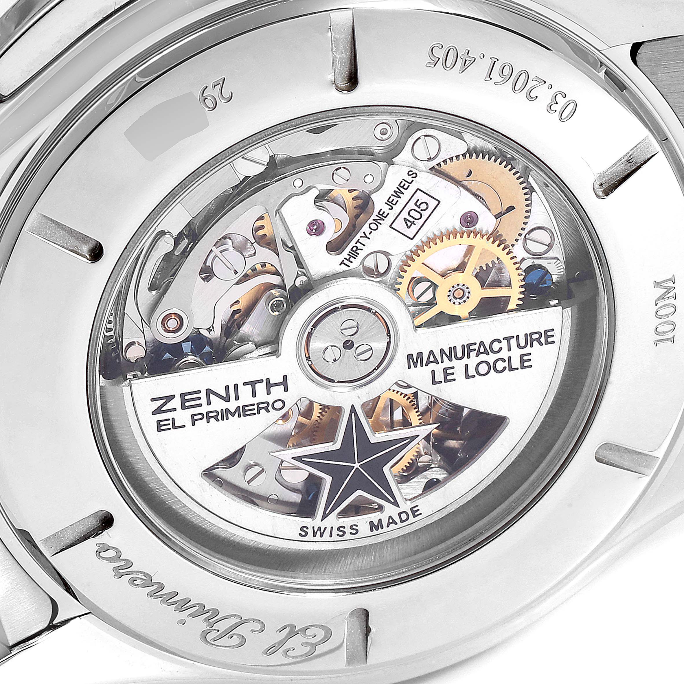 The image shows the back of a Zenith El Primero 03.2061.405/21.M2060  Men's Stainless Steel Black Dial 03.2061.405/21.M2060  Men's Stainless Steel Black Dial watch, revealing its intricate inner mechanical movements.