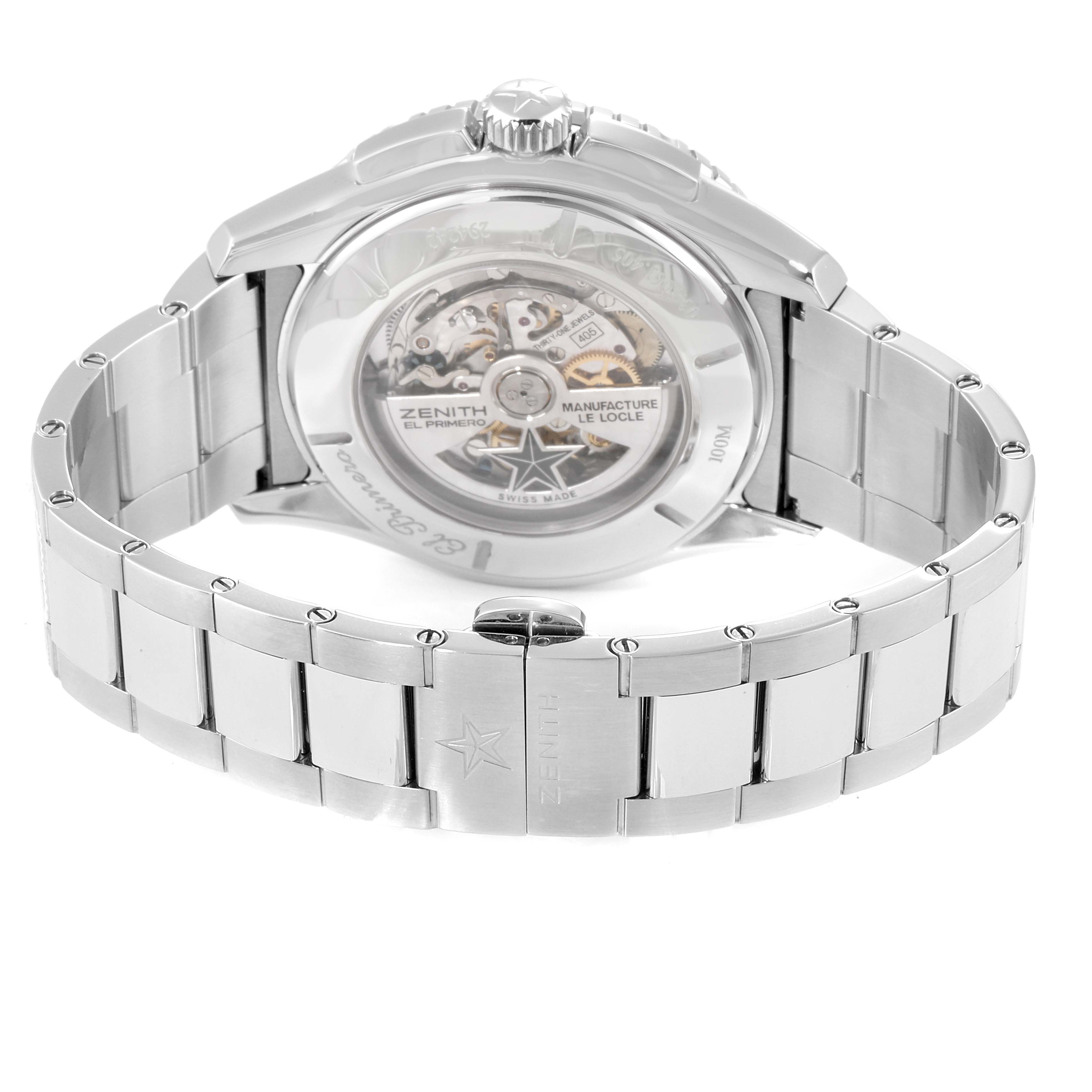 This image shows the back view of a Zenith El Primero 03.2061.405/21.M2060  Men's Stainless Steel Black Dial 03.2061.405/21.M2060  Men's Stainless Steel Black Dial watch, highlighting its transparent case back and metal bracelet.