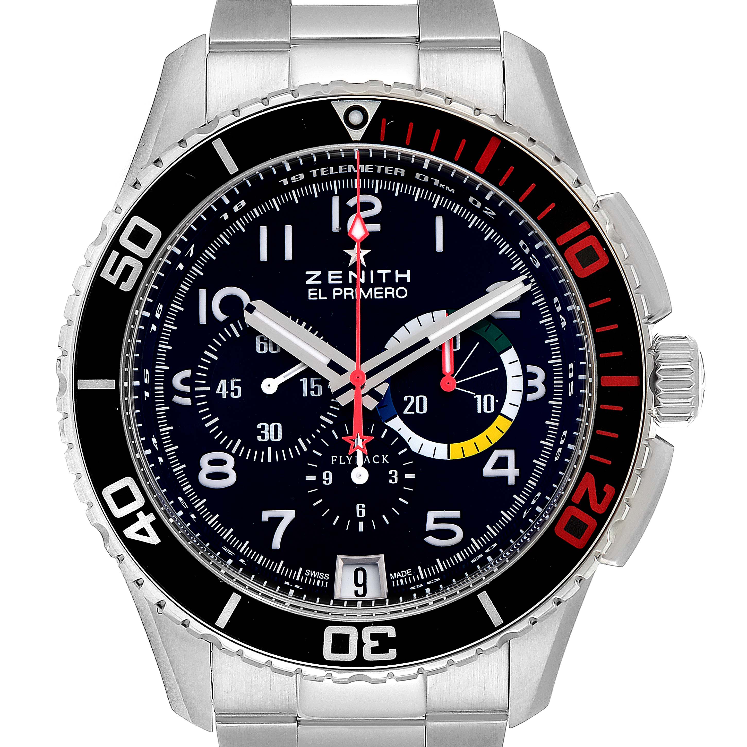 This image shows a close-up front view of a Zenith El Primero 03.2061.405/21.M2060  Men's Stainless Steel Black Dial 03.2061.405/21.M2060  Men's Stainless Steel Black Dial watch, highlighting its face, bezel, and crown.