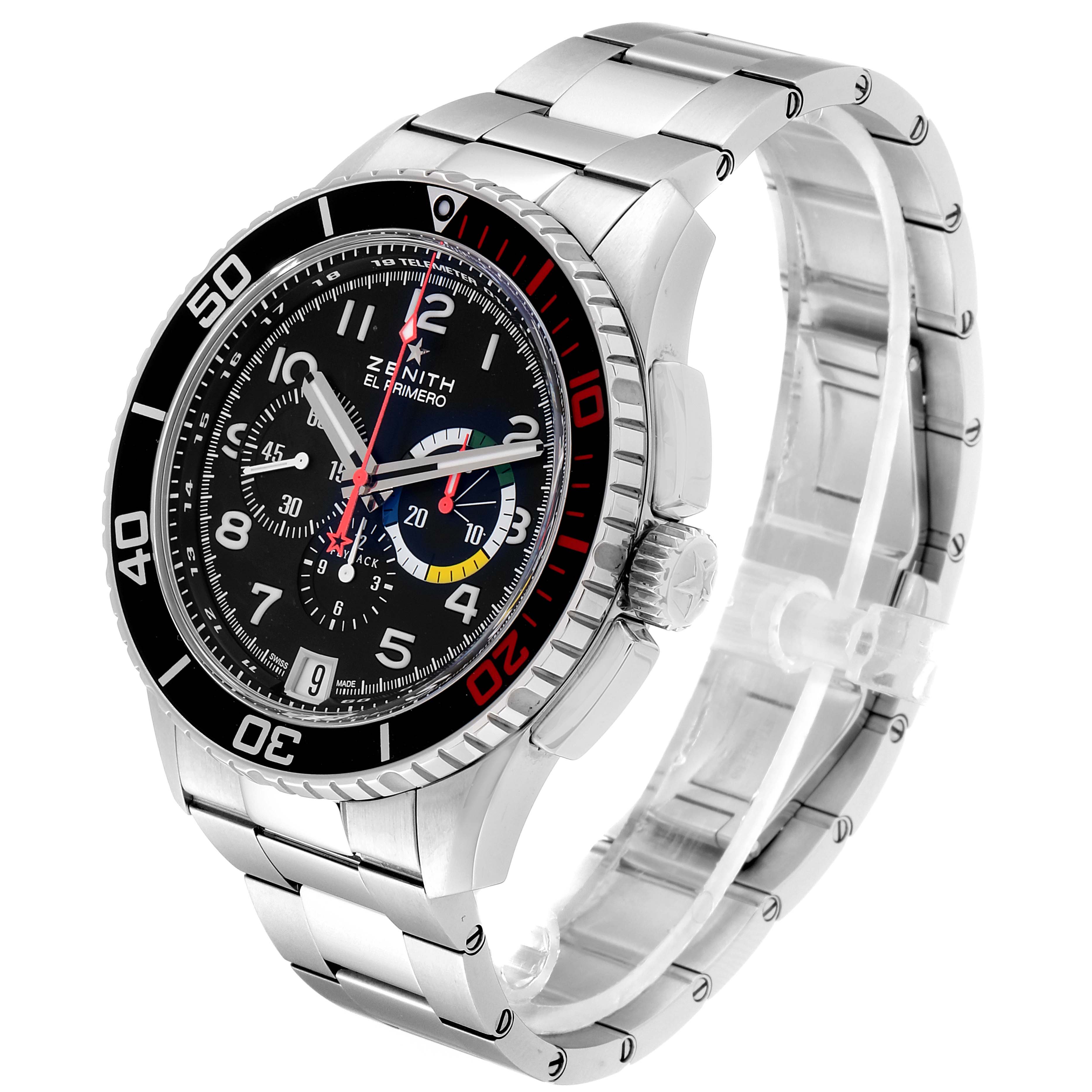 The Zenith El Primero 03.2061.405/21.M2060  Men's Stainless Steel Black Dial 03.2061.405/21.M2060  Men's Stainless Steel Black Dial watch is shown from a three-quarter angle, displaying the face, bezel, and metal bracelet.