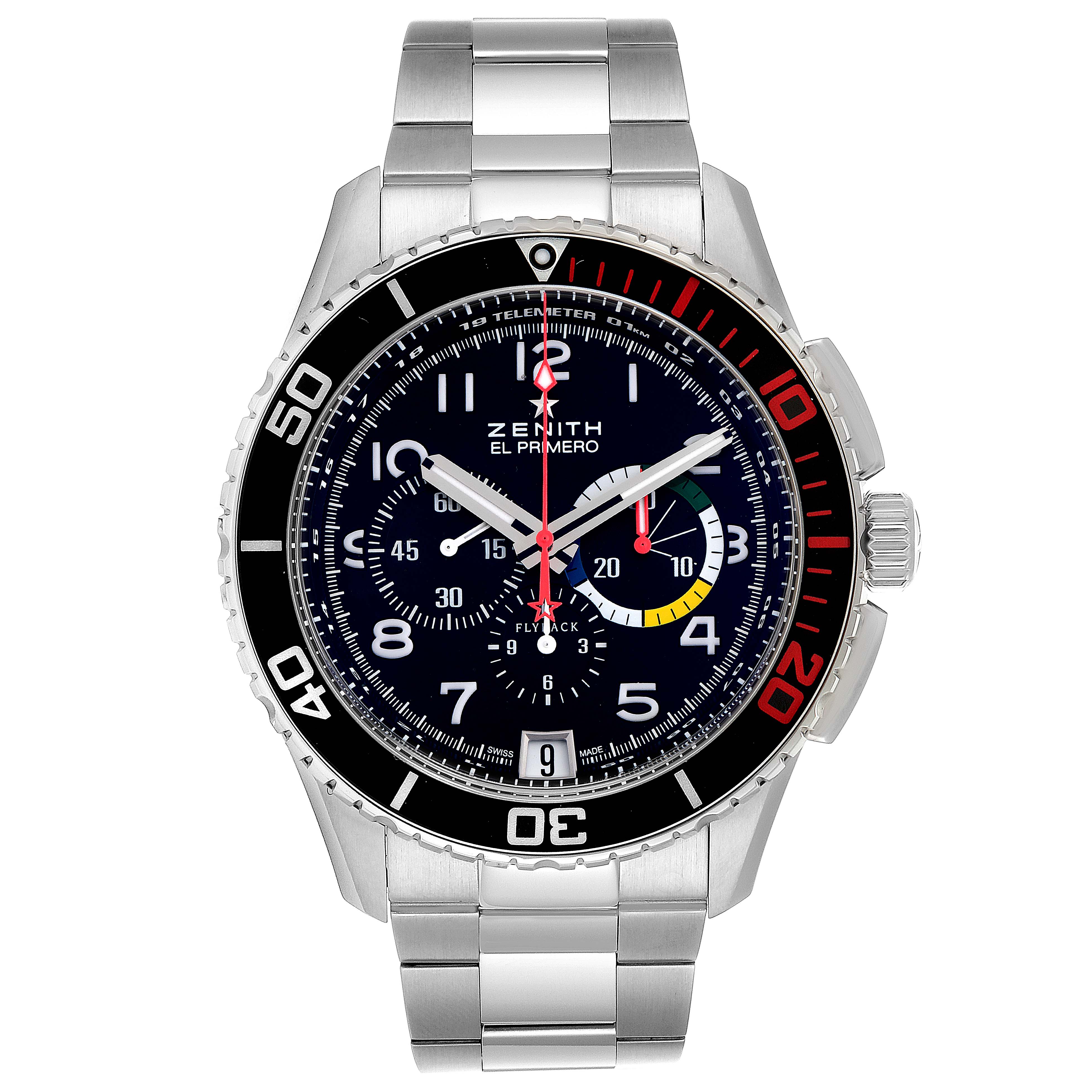 The image shows a front view of a Zenith El Primero 03.2061.405/21.M2060  Men's Stainless Steel Black Dial 03.2061.405/21.M2060  Men's Stainless Steel Black Dial watch, highlighting the dial, bezel, and stainless steel bracelet.