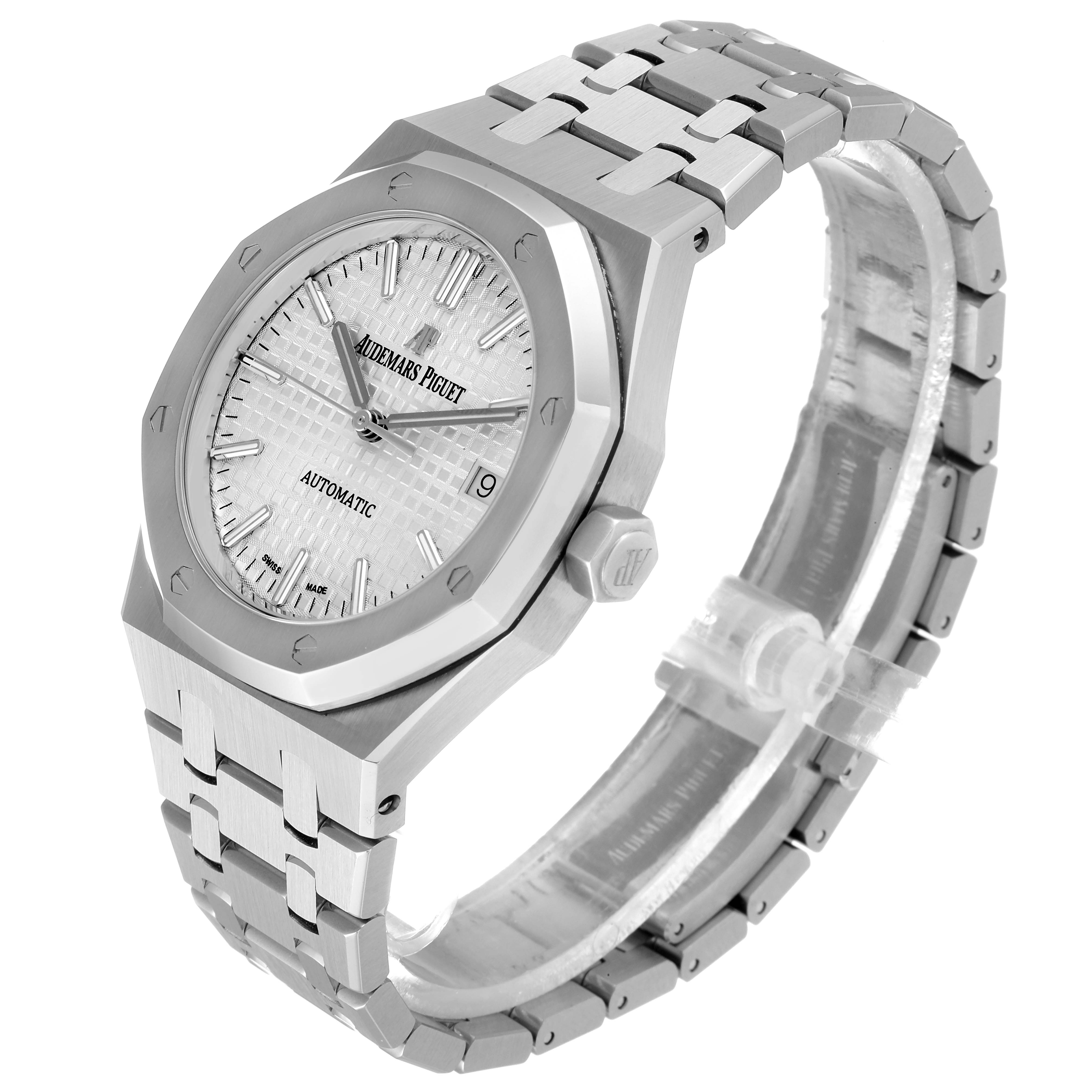 The image shows a side angle of the Audemars Piguet Royal Oak 15450ST.OO.1256ST.01 Men's Stainless Steel Silver Dial 15450ST.OO.1256ST.01 Men's Stainless Steel Silver Dial watch, highlighting the face, bezel, crown, and bracelet.